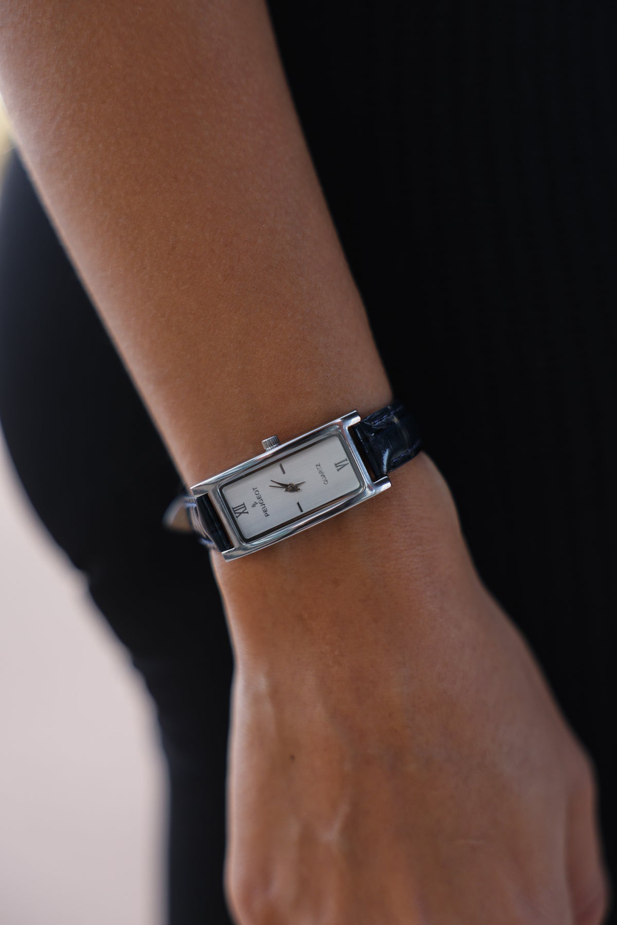 Womens 35x18mm Silver Dial Watch with Glossy Blue Leather Strap