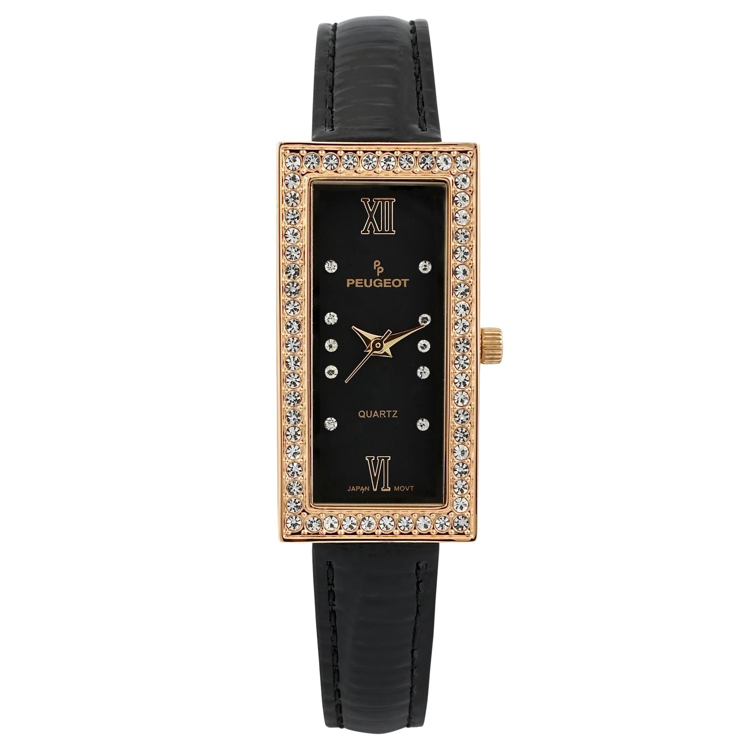 Peugeot Women s 35x20mm Crystal Bezel Watch with Glossy Black Leather Strap
