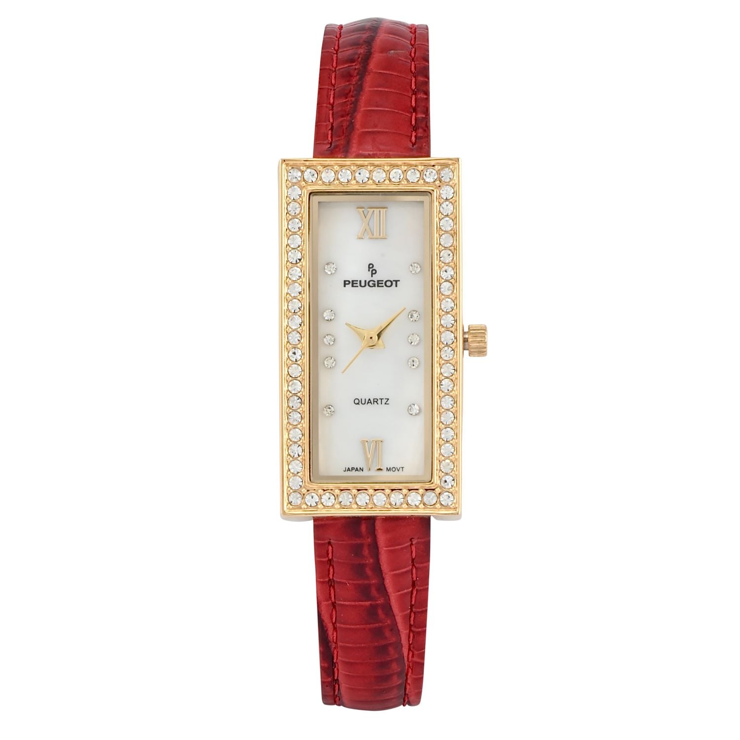 Women's 35x20mm Crystal Bezel Watch with Glossy Red Leather Strap