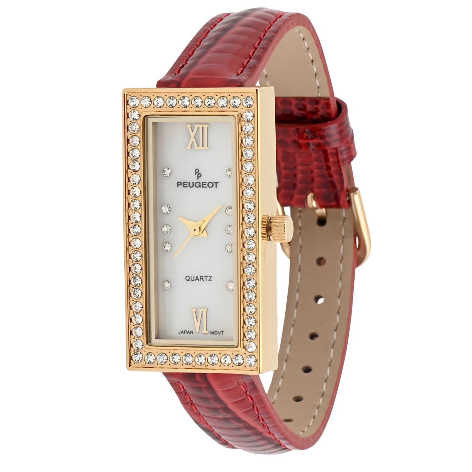 Women's 35x20mm Crystal Bezel Watch with Glossy Red Leather Strap
