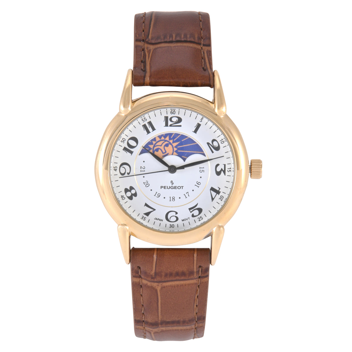 Men's 40mm Vintage White Dial Sun Moon Brown Leather Strap Watch