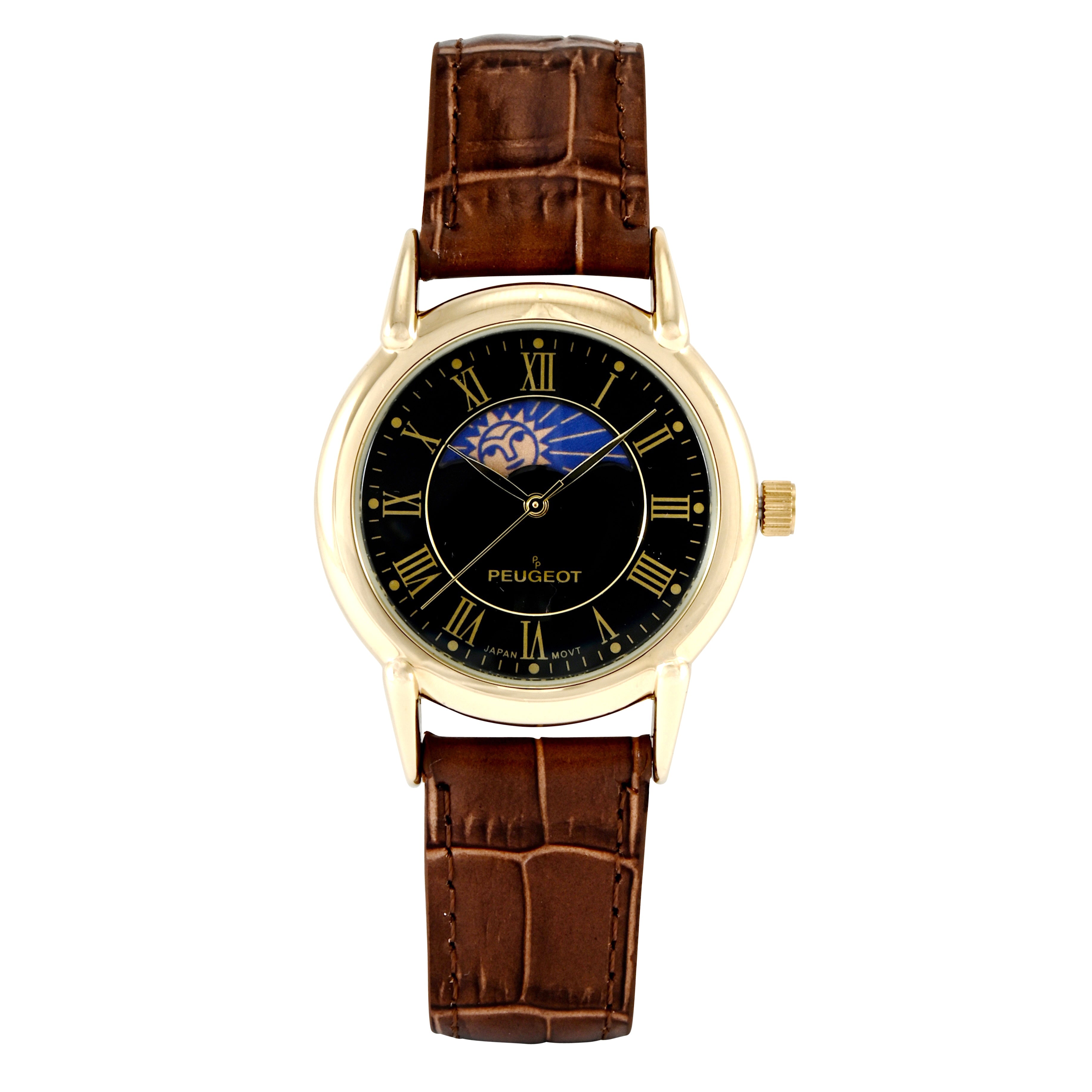 Men's 40mm Vintage Black Dial Sun Moon Brown Leather Strap Watch