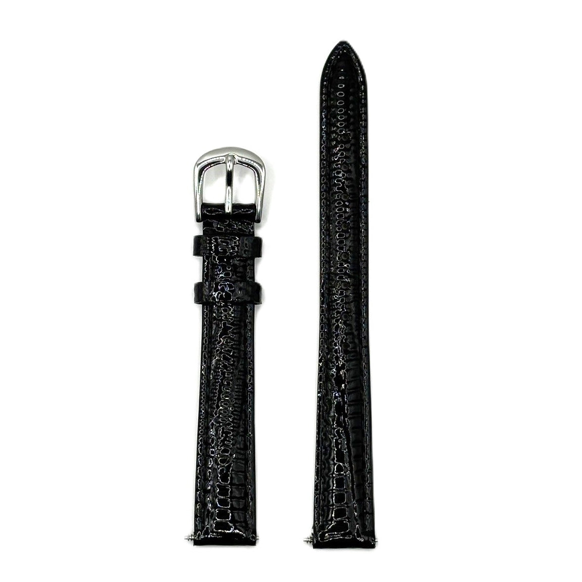 Women's Black Glossy Croc Embossed Leather Strap- Silver Buckle | 12MM