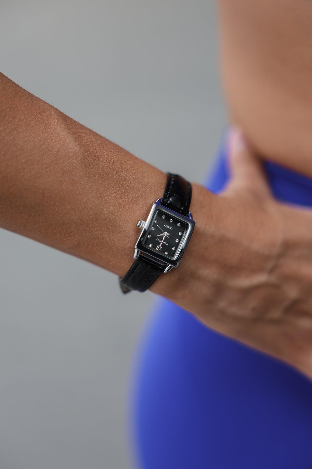 Women's 20mm Square Watch with Glossy Black Leather Strap