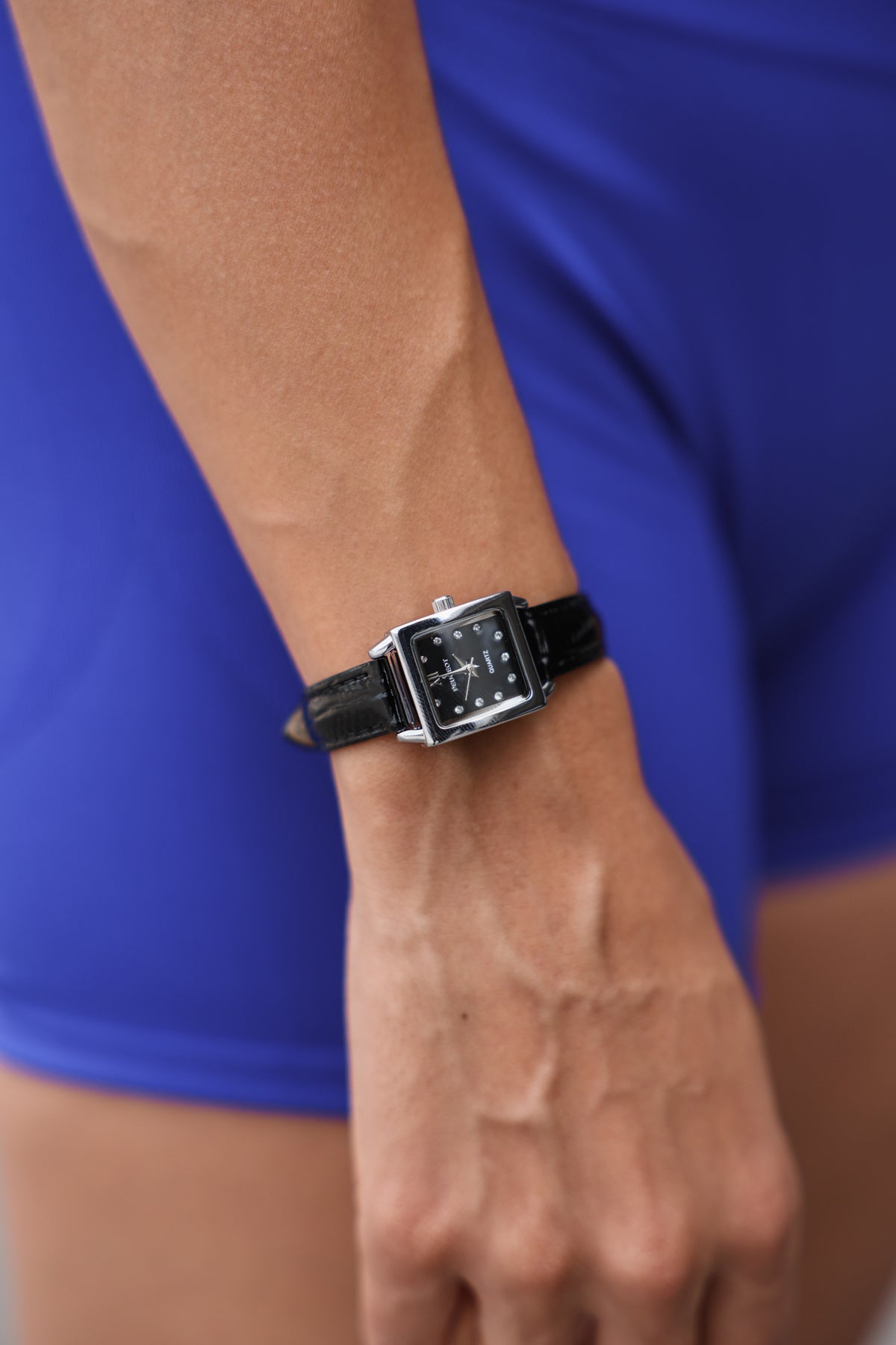 Women's 20mm Square Watch with Glossy Black Leather Strap