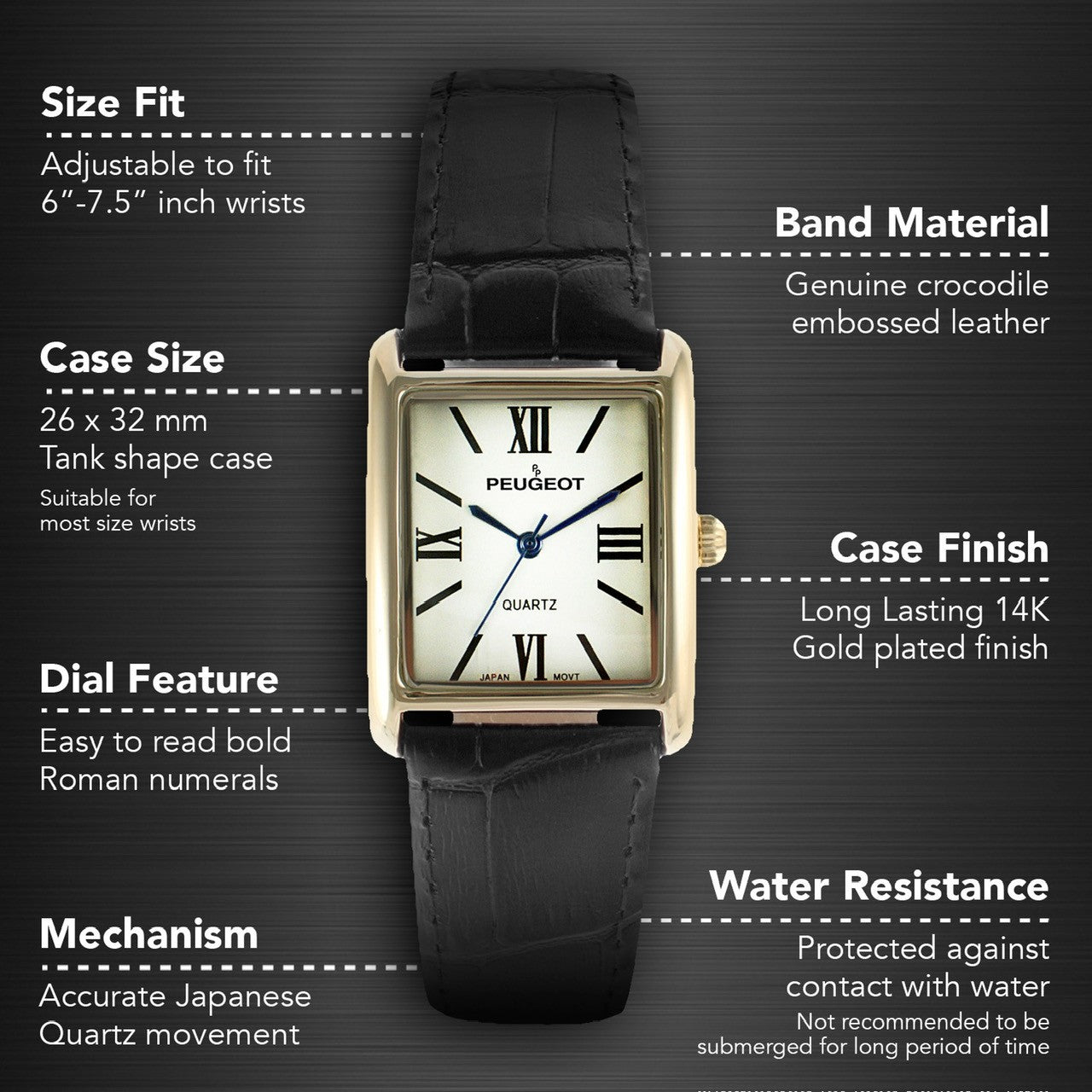 Women Tank Shape Watch With Genuine Leather Strap - Peugeot Watches