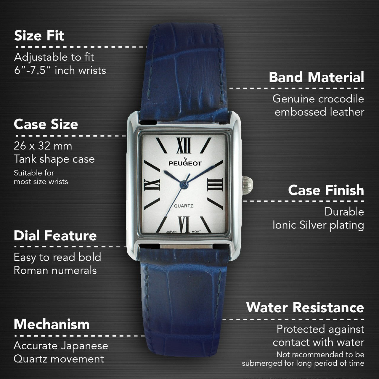 Women's Tank Watch Roman Dial Blue Leather Strap