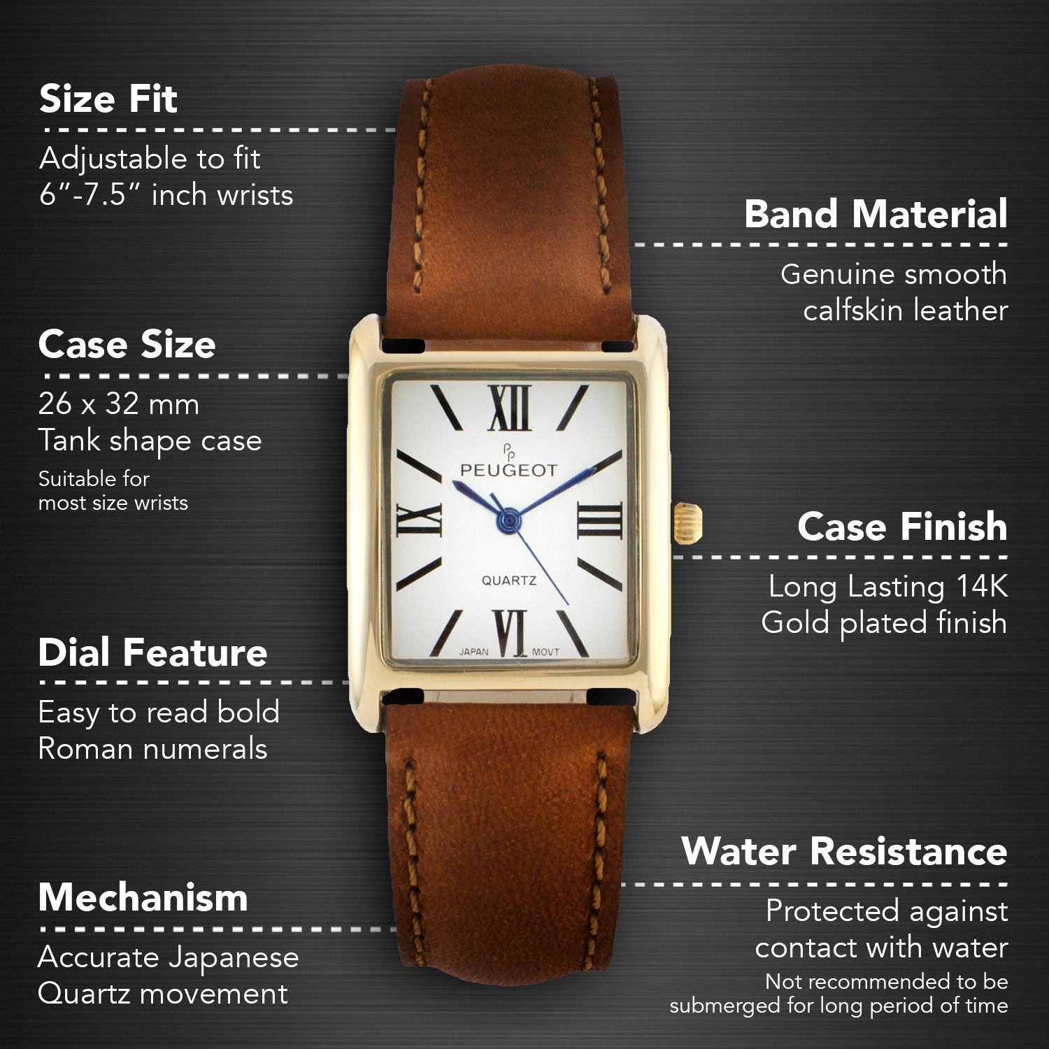 Women's Tank Watch Roman Dial Brown Smooth Leather Strap