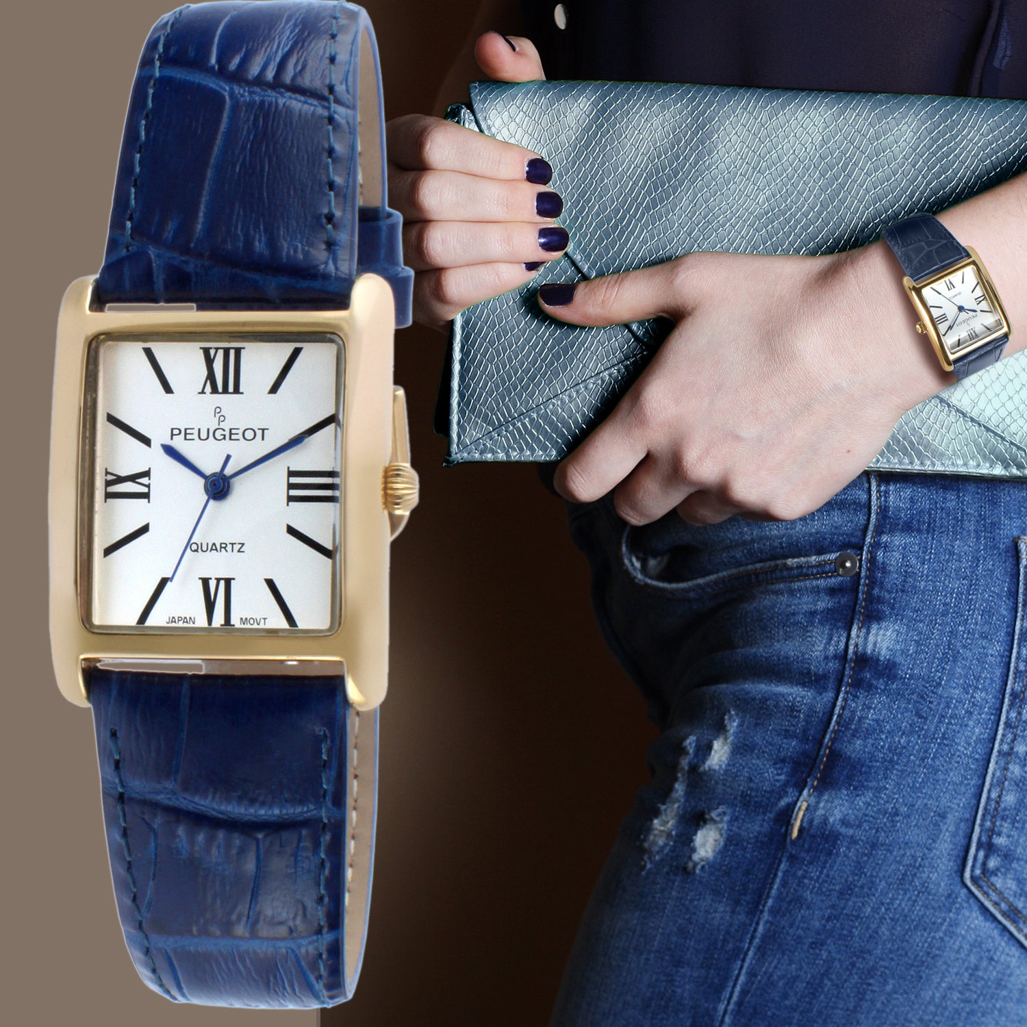 Women's Tank Watch Roman Dial Blue Leather Strap