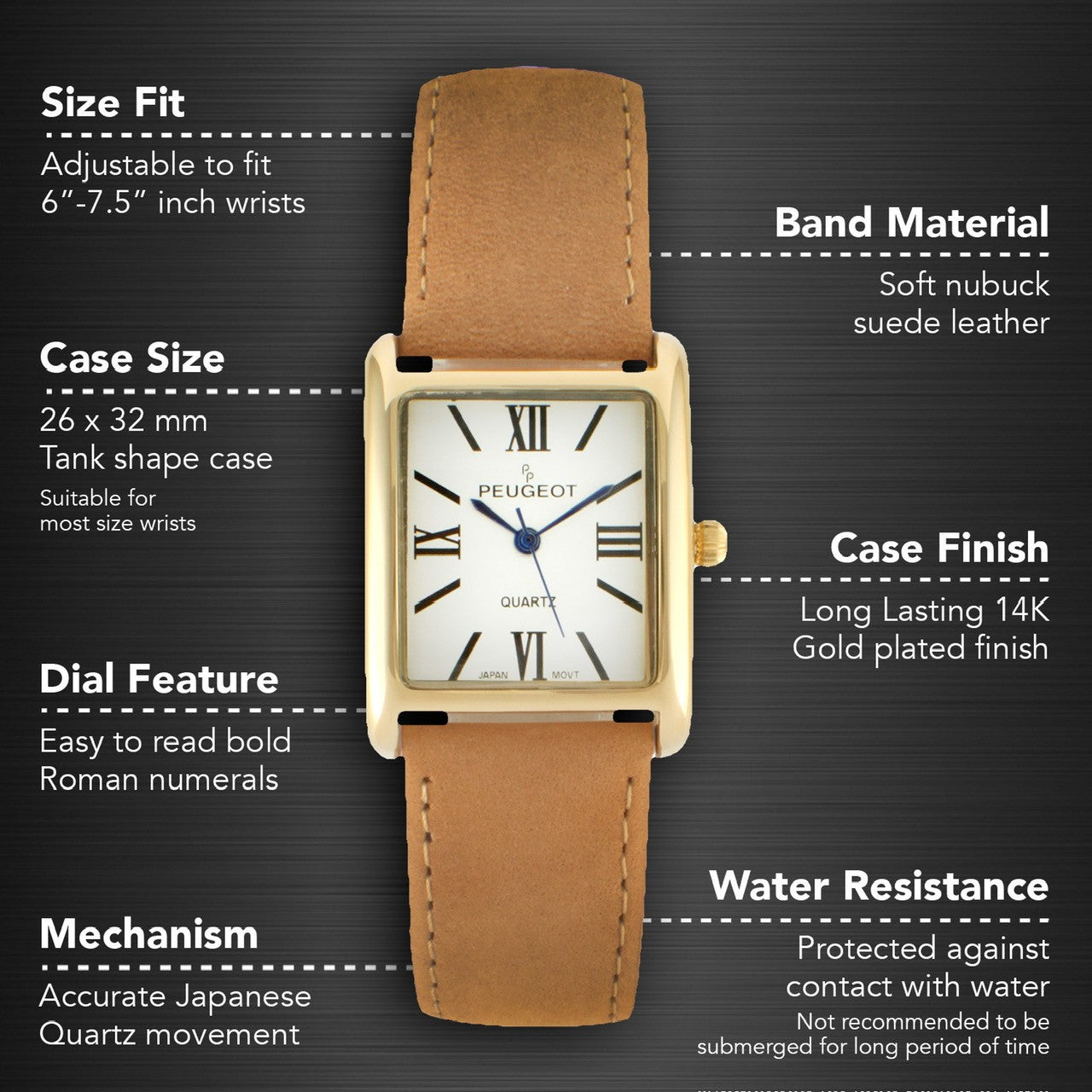 Women's Tank Watch Roman Dial Brown Suede Leather Strap Women's Tank Watch Roman Dial Brown Suede Leather Strap