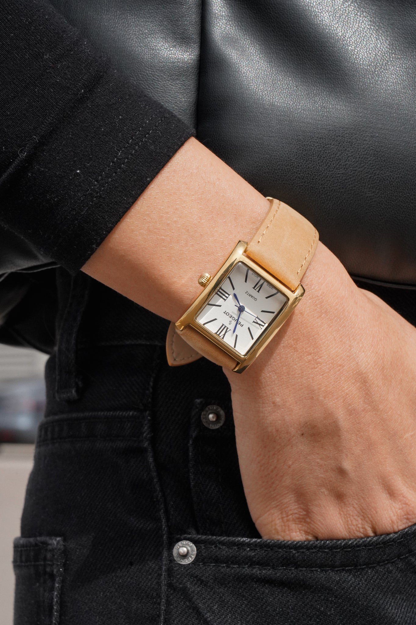 Women Tank Shape Watch With Genuine Brown Suede Leather Strap