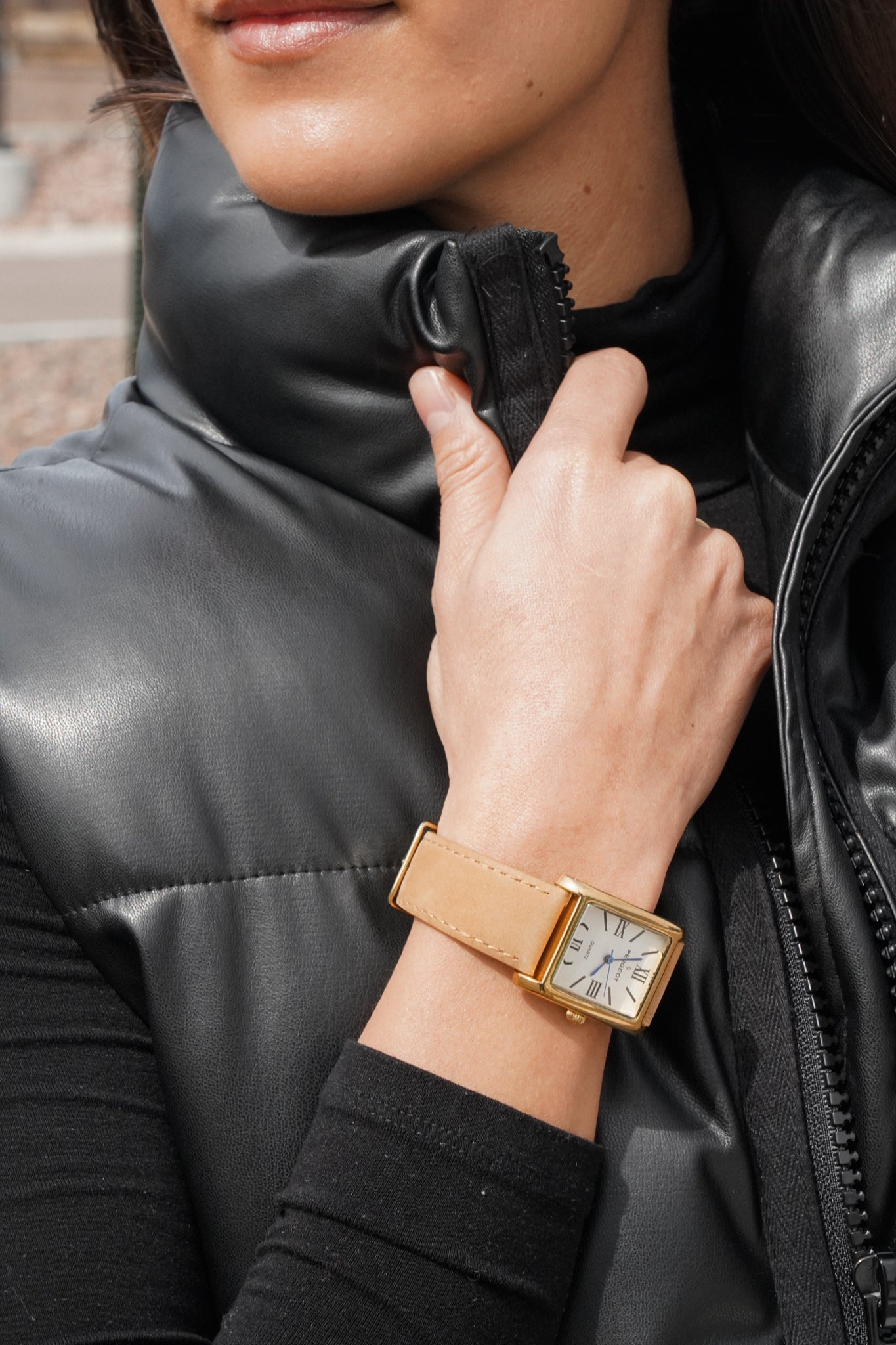 Women Tank Shape Watch With Genuine Brown Suede Leather Strap
