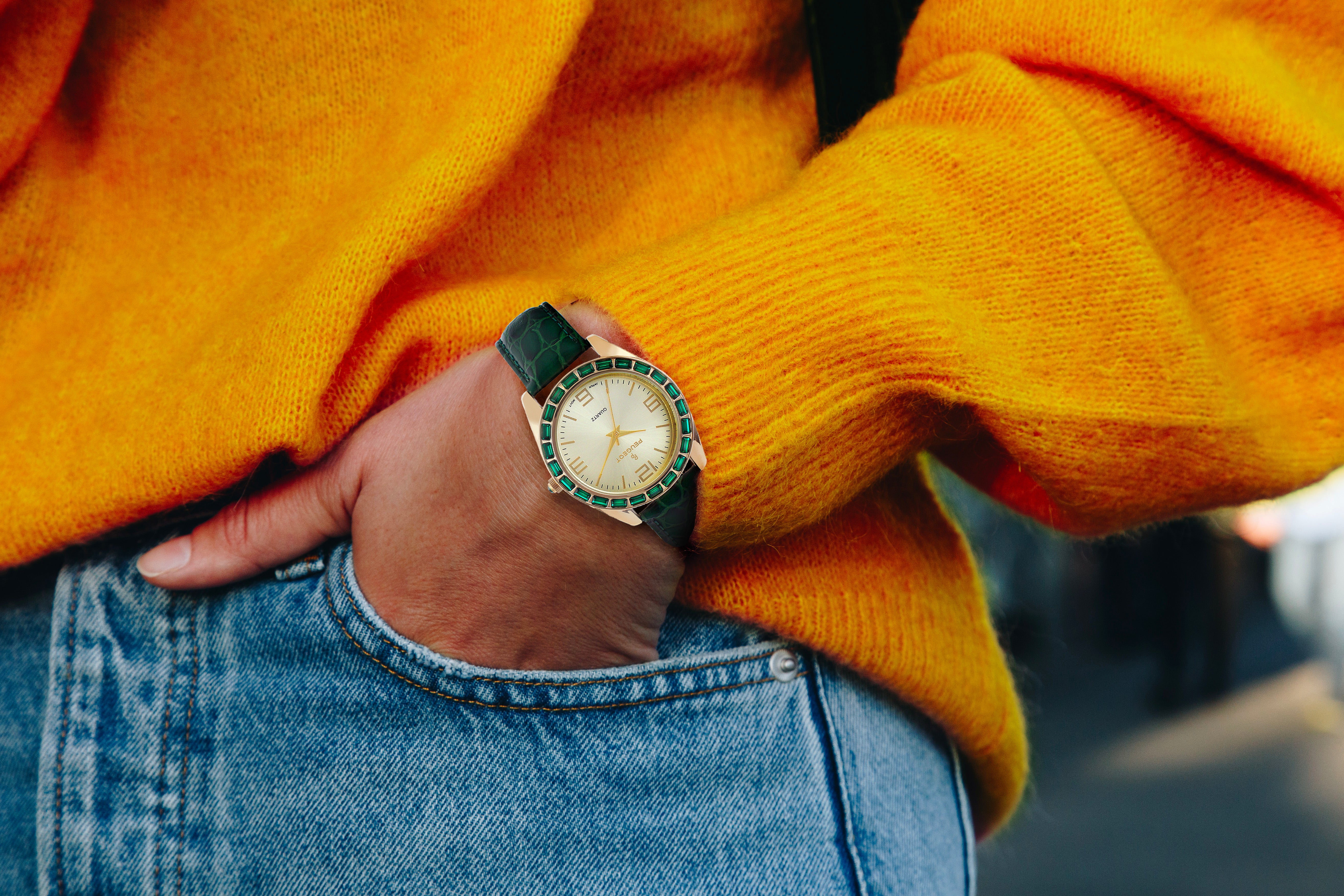 Women's 40mm Green Boyfriend Watch with Baguette Crystals