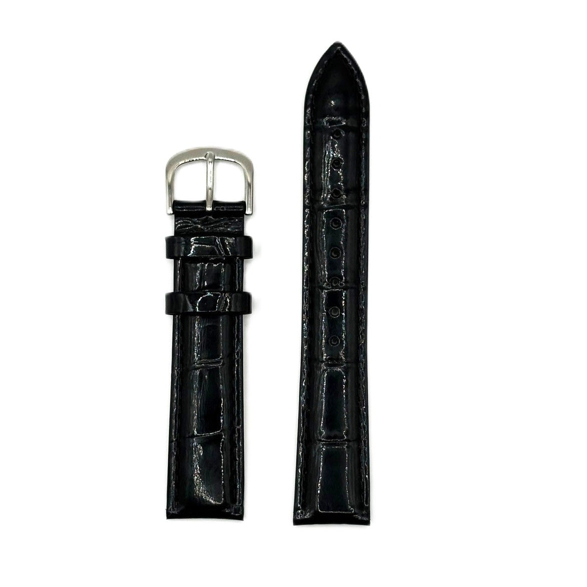 Women's Black Glossy Croc Embossed Leather Strap- Silver Buckle | 18MM