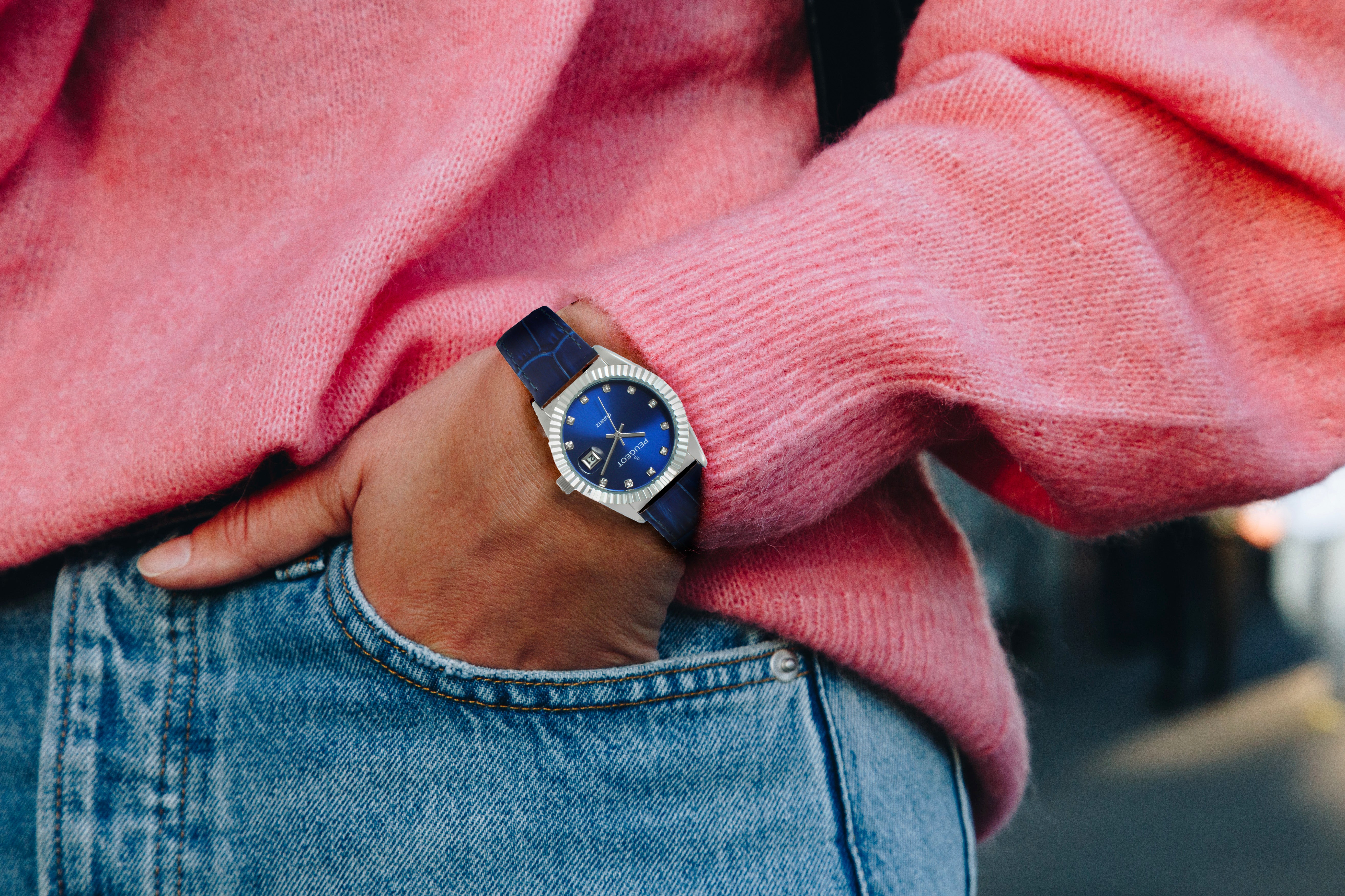 Women's 36mm Blue Fluted Bezel Watch with Leather Strap