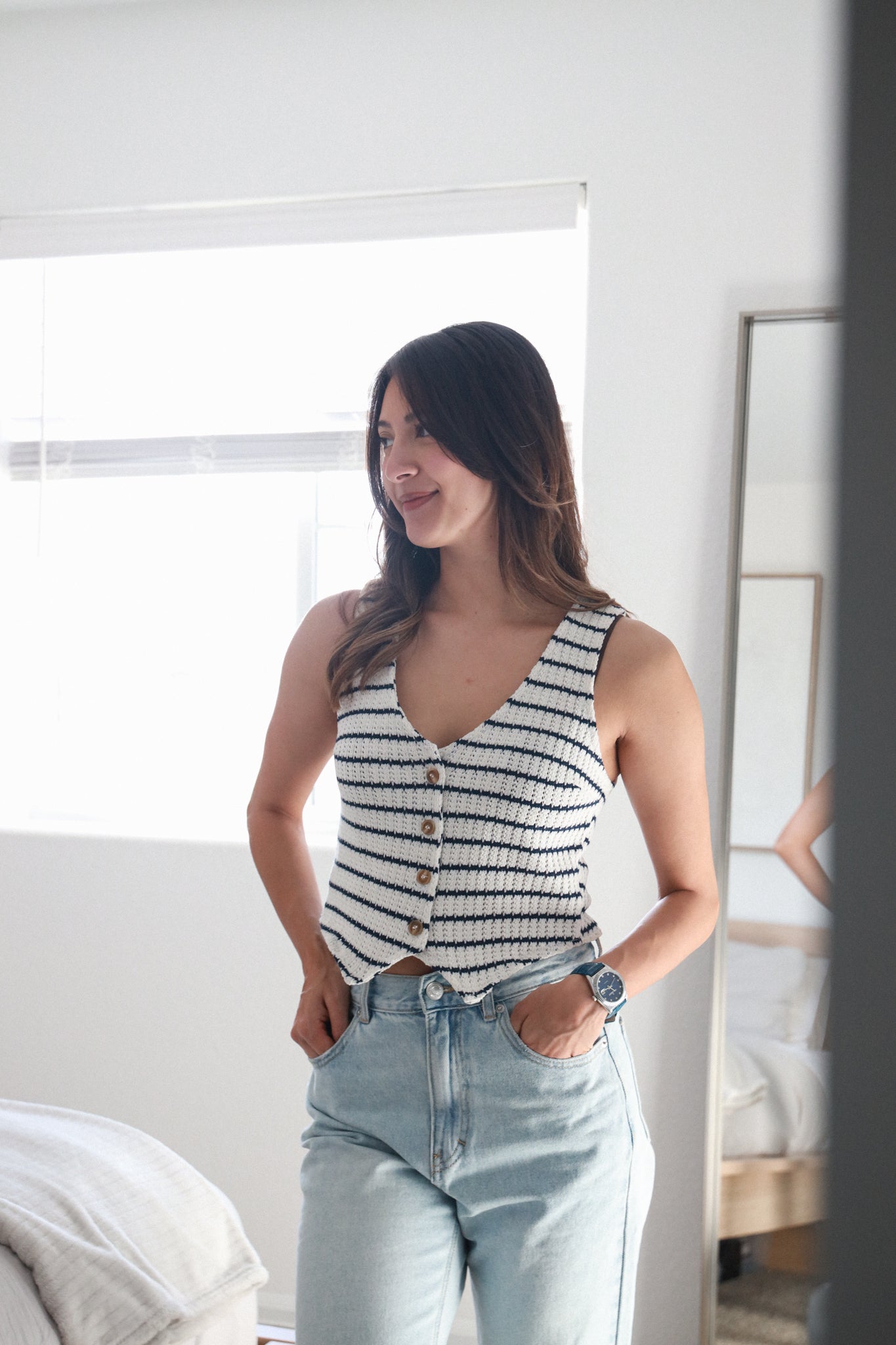 Women's 36mm Blue Fluted Bezel Watch with Leather Strap