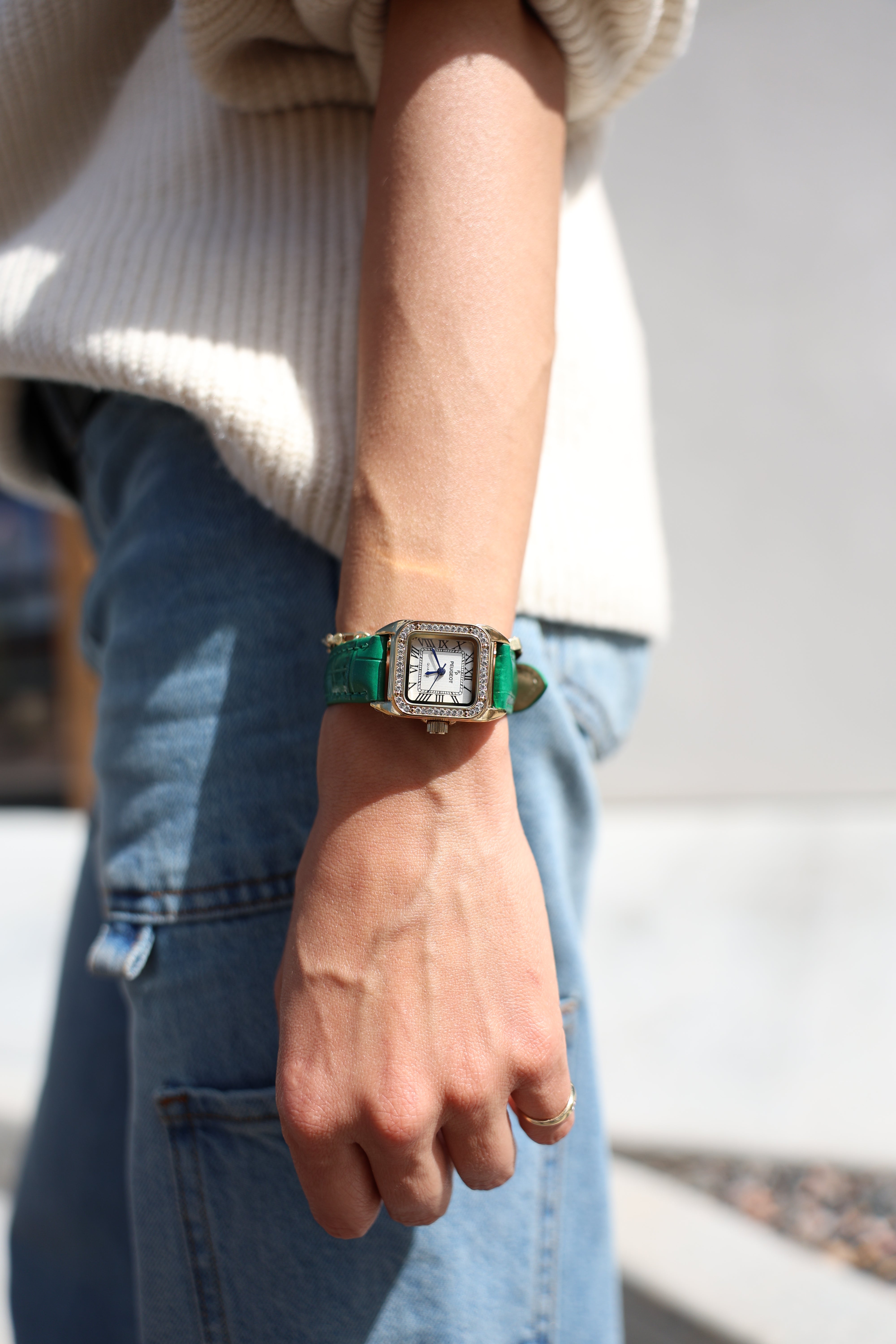 Women's 34x24mm Tank Watch with Crystal Bezel Green Leather Strap