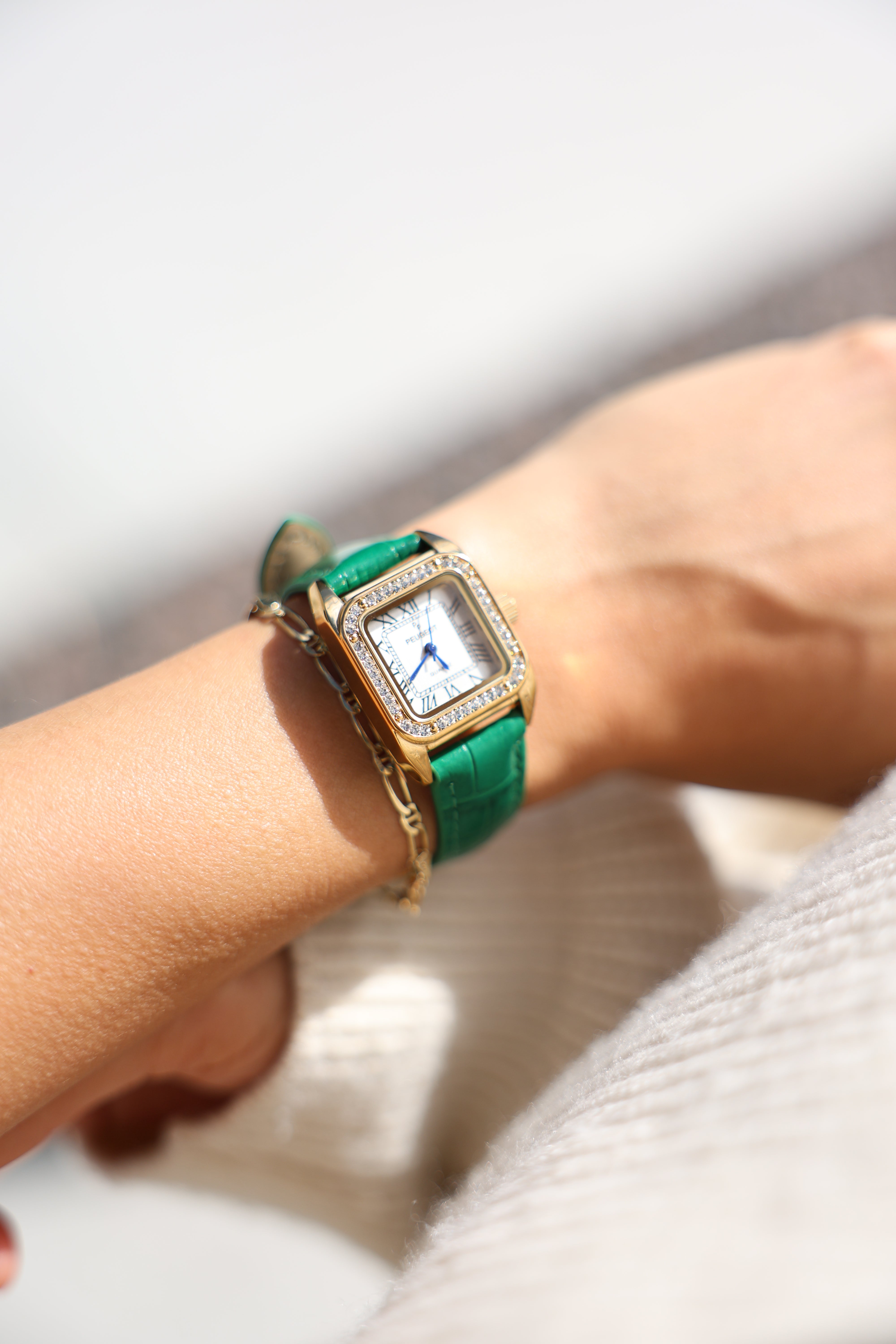 Women's 34x24mm Tank Watch with Crystal Bezel Green Leather Strap