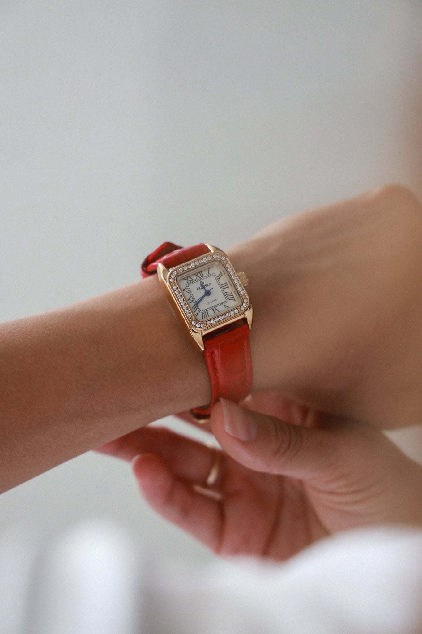 Women's 34x24mm Tank Watch with Crystal Bezel Red Leather Strap