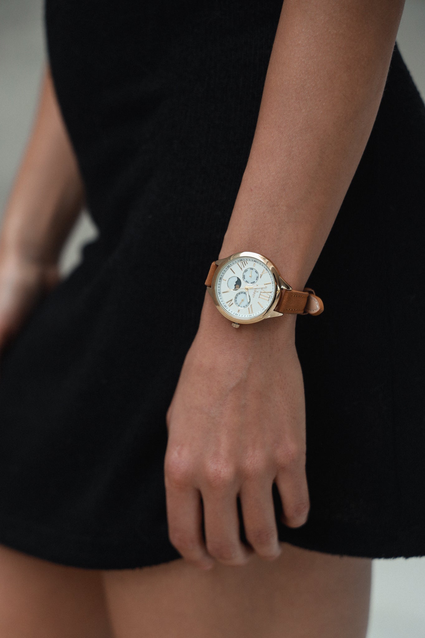 Women 38mm Watch Multi Function Suede Leather Strap