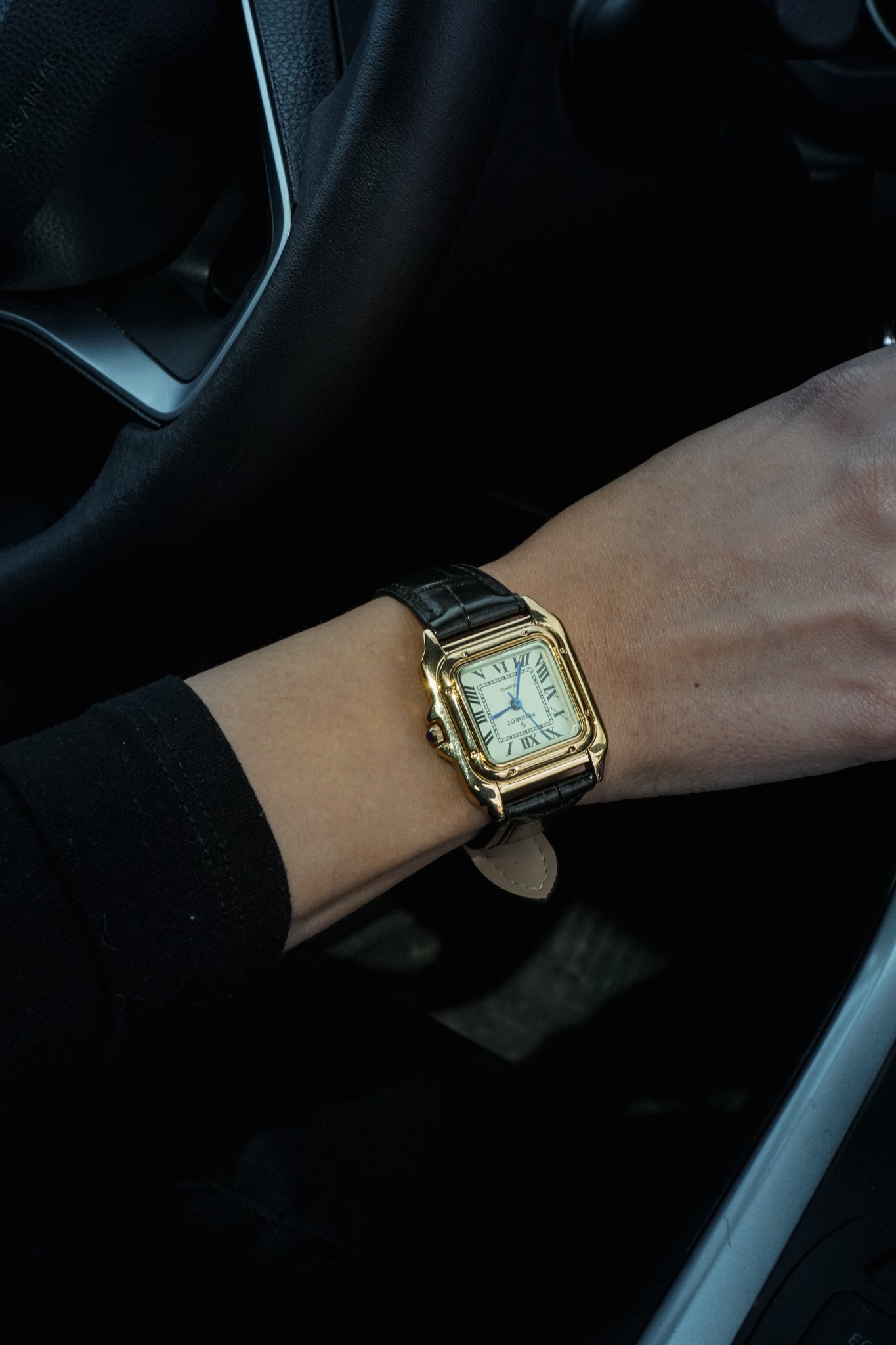 Women's 14K Gold-Plated 32mm Tank Shape Black Leather Strap Watch