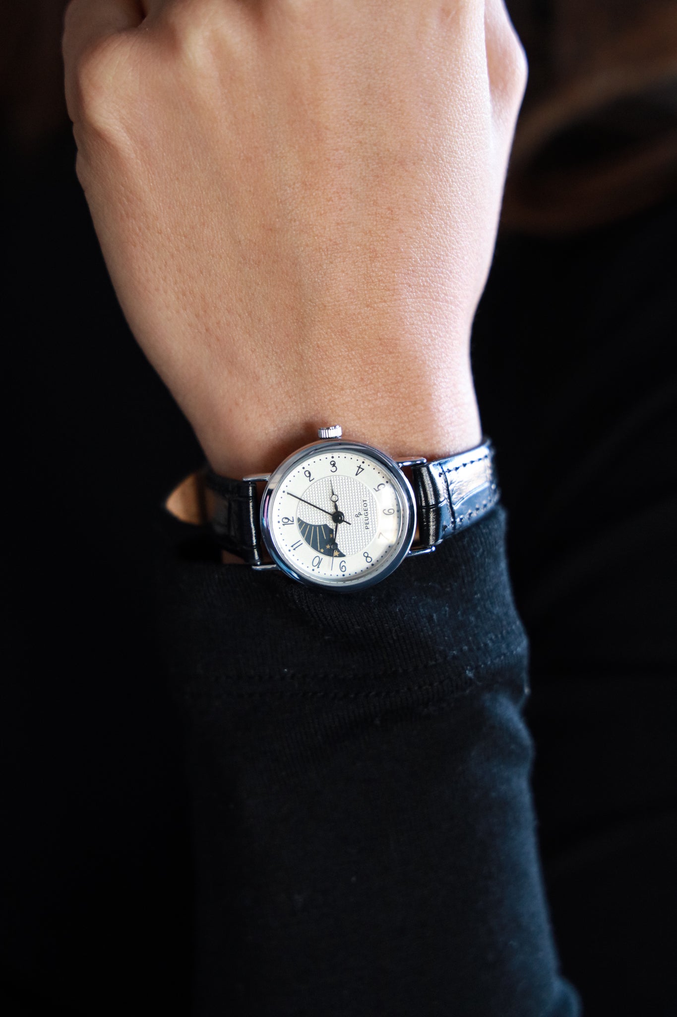 Women's 26mm Sun-Moon Phase Silver Watch with Black Leather Strap