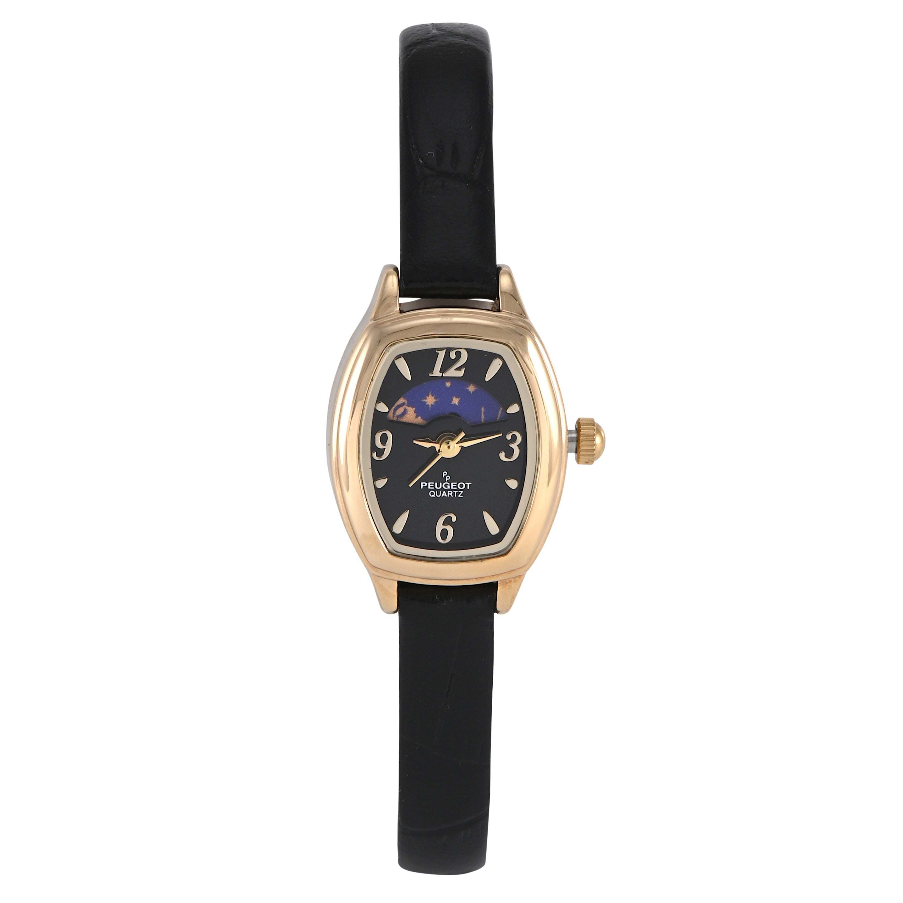 Women's Black Dial Moon phase Watch 30x20mm Slim Leather Strap