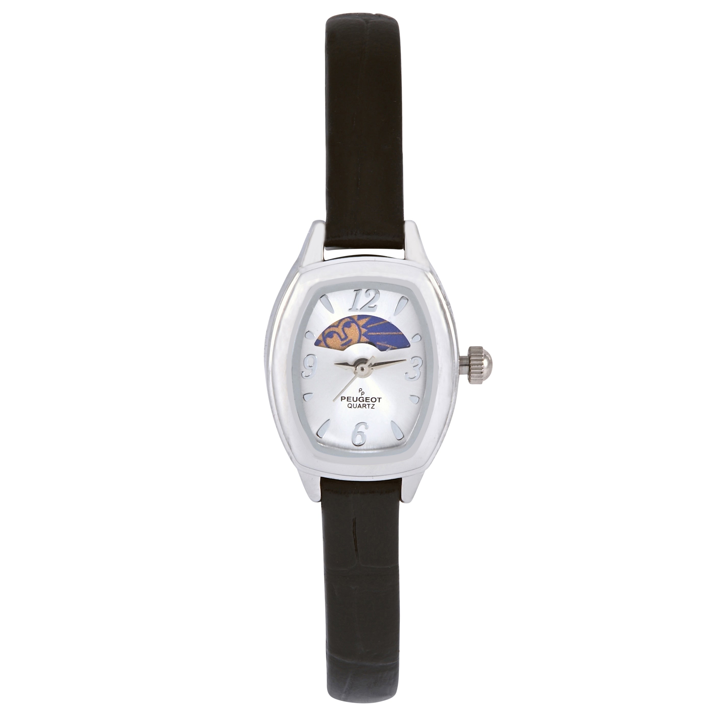 Women's Silver Dial Moon Phase Watch 30x20mm Slim Leather Strap