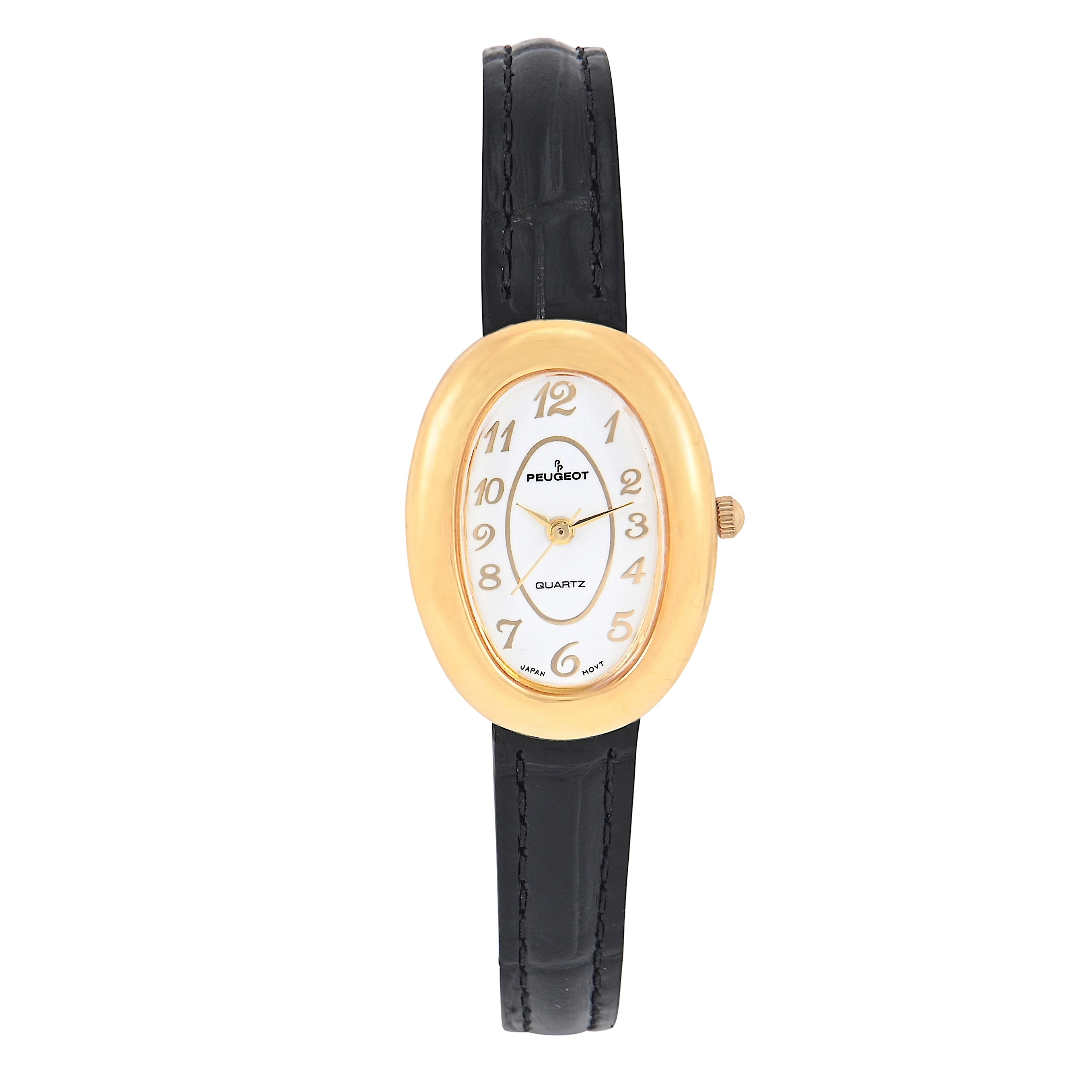 Women's 14K Gold-Plated Petite Oval Dial with Thin Glossy Black Leather Strap