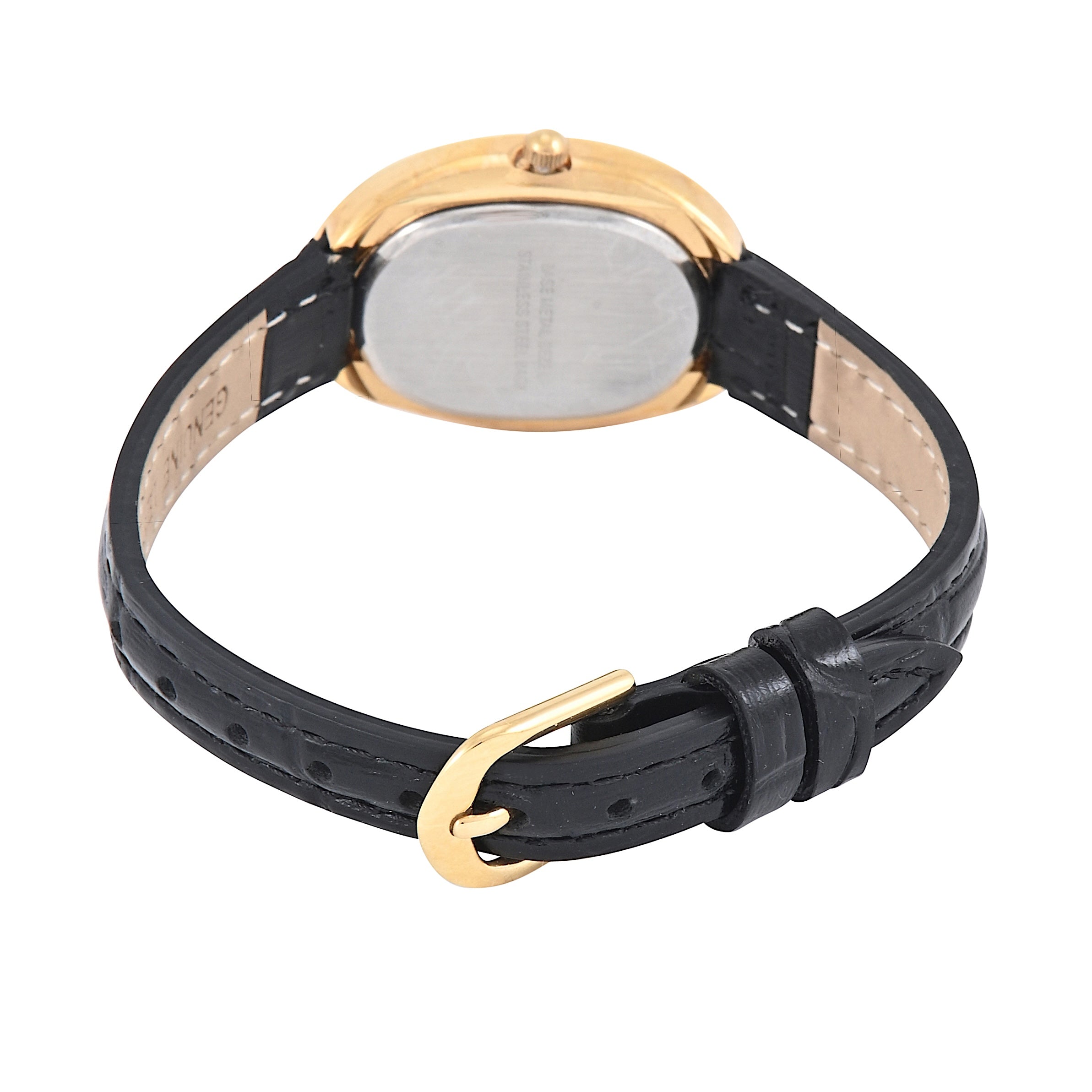Women's 14K Gold-Plated Petite Oval Dial with Thin Glossy Black Leather Strap