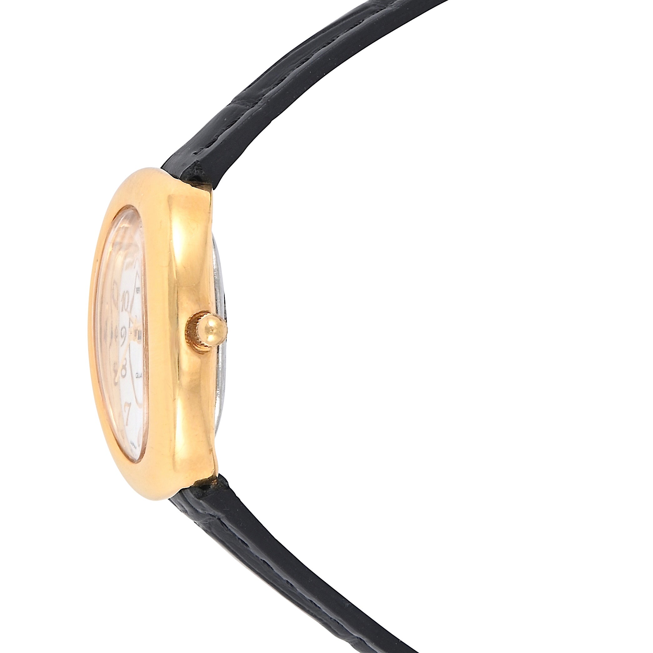 Women's 14K Gold-Plated Petite Oval Dial with Thin Glossy Black Leather Strap