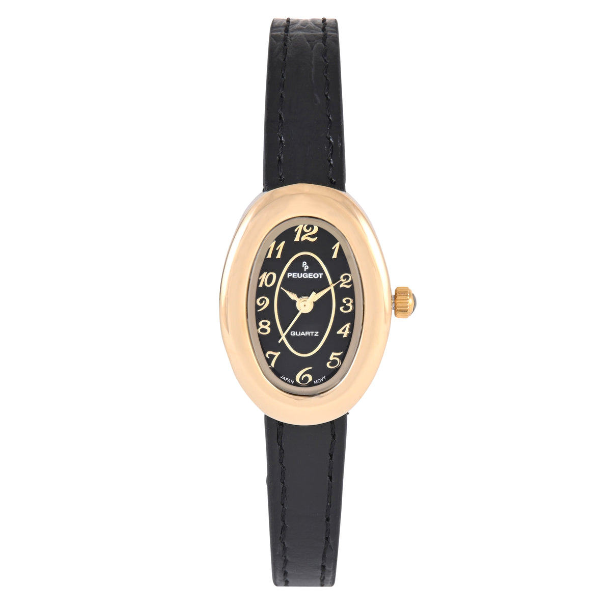 Women's 14K Gold-Plated Petite Black Oval Dial with Thin Leather Strap