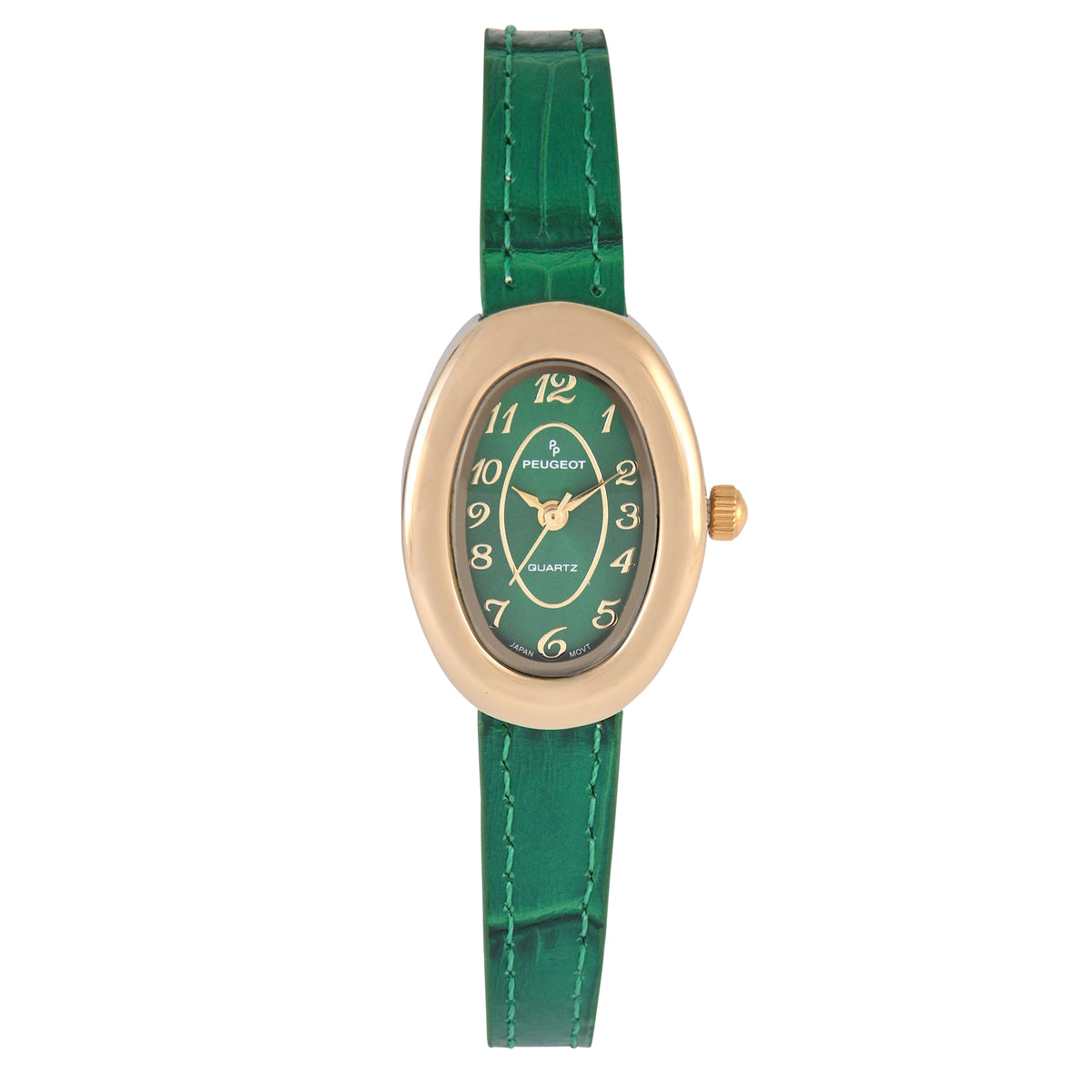 Women's 14K Gold-Plated Petite Green Oval Dial with Thin Leather Strap