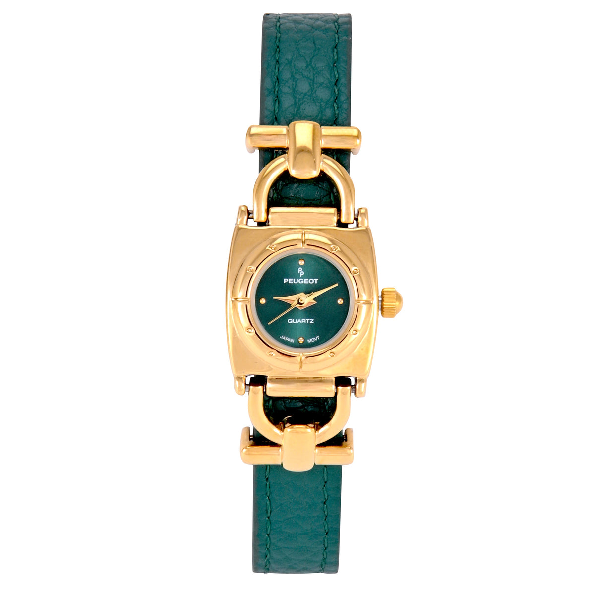 Women’s 14K Gold-Plated 20MM Horsebit Watch with Green Sunray Dial and Slide-Through Leather Band