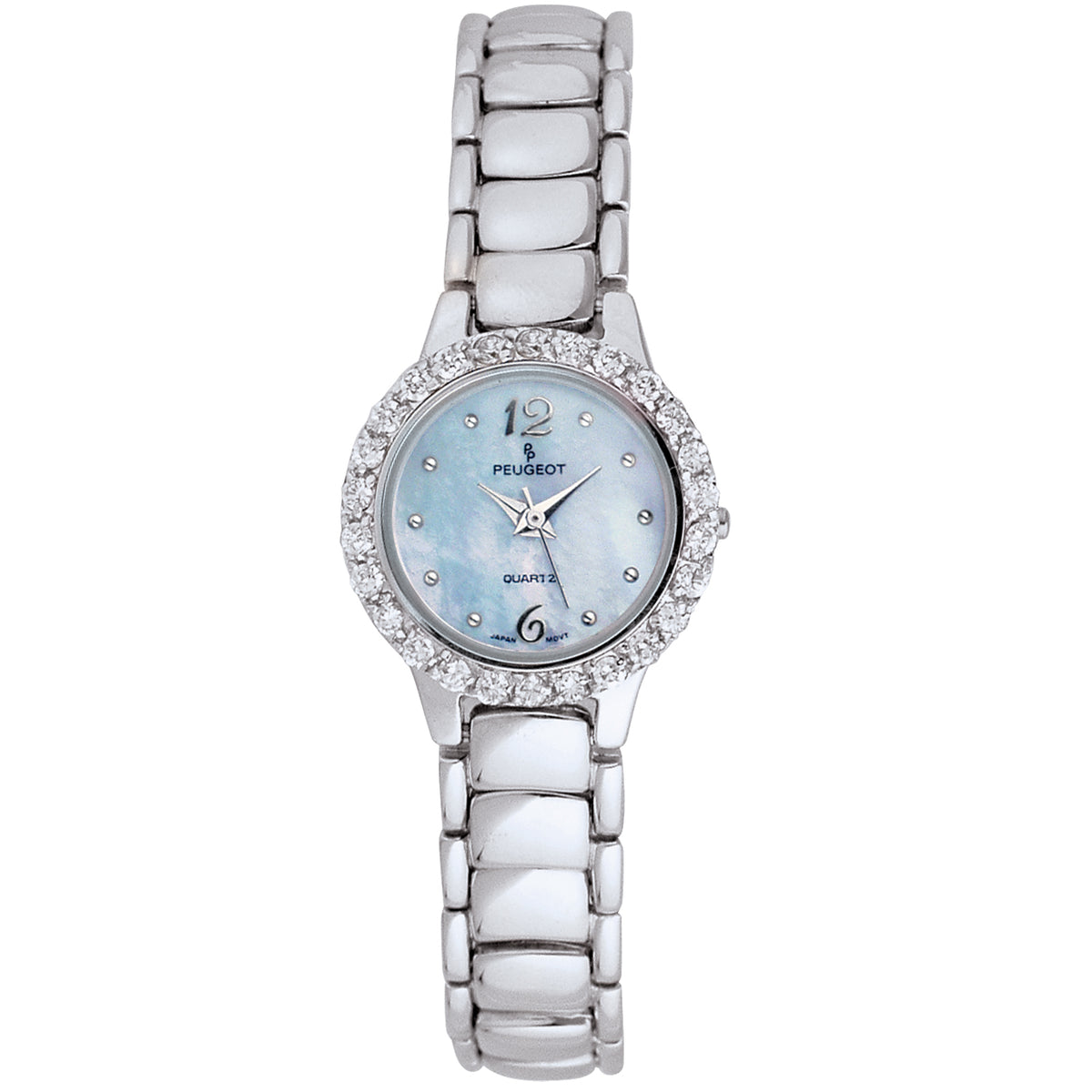 Peugeot Women's Round 24MM Crystal Bezel Pastel Blue MOP Dial Bracelet Watch