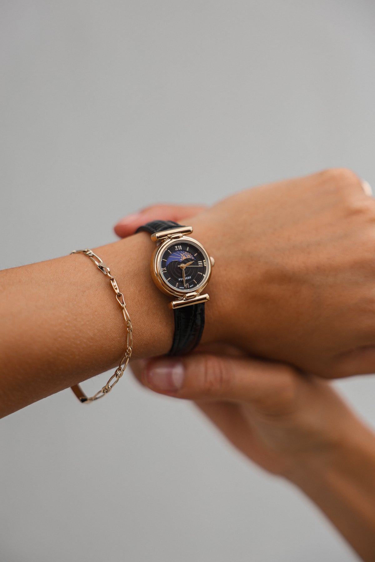 Women's Petite 14K Gold-Plated 25mm Sun-Moon Watch with Black Glossy Leather Strap