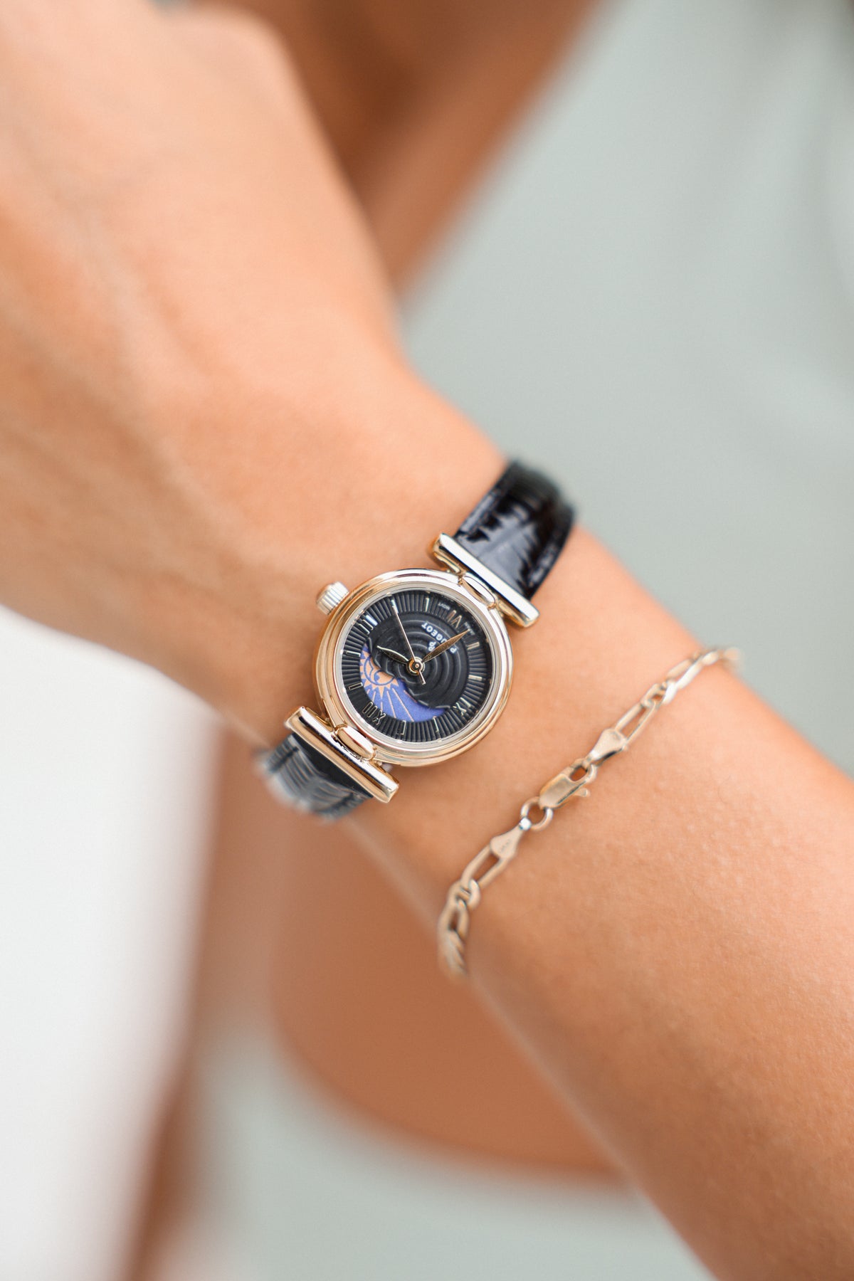 Women's Petite 14K Gold-Plated 25mm Sun-Moon Watch with Black Glossy Leather Strap