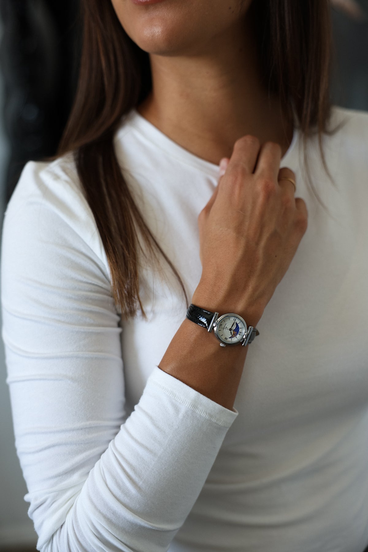 Women's Silver Petite 25mm Sun-Moon Watch with Black Glossy Leather Strap