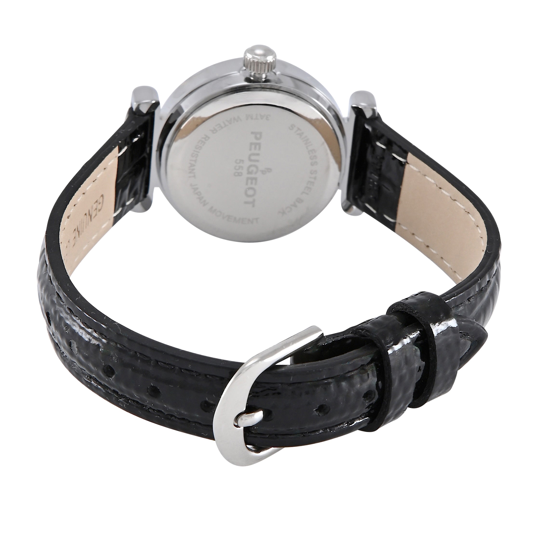 Women's Silver Petite 25mm Sun-Moon Watch with Black Glossy Leather Strap