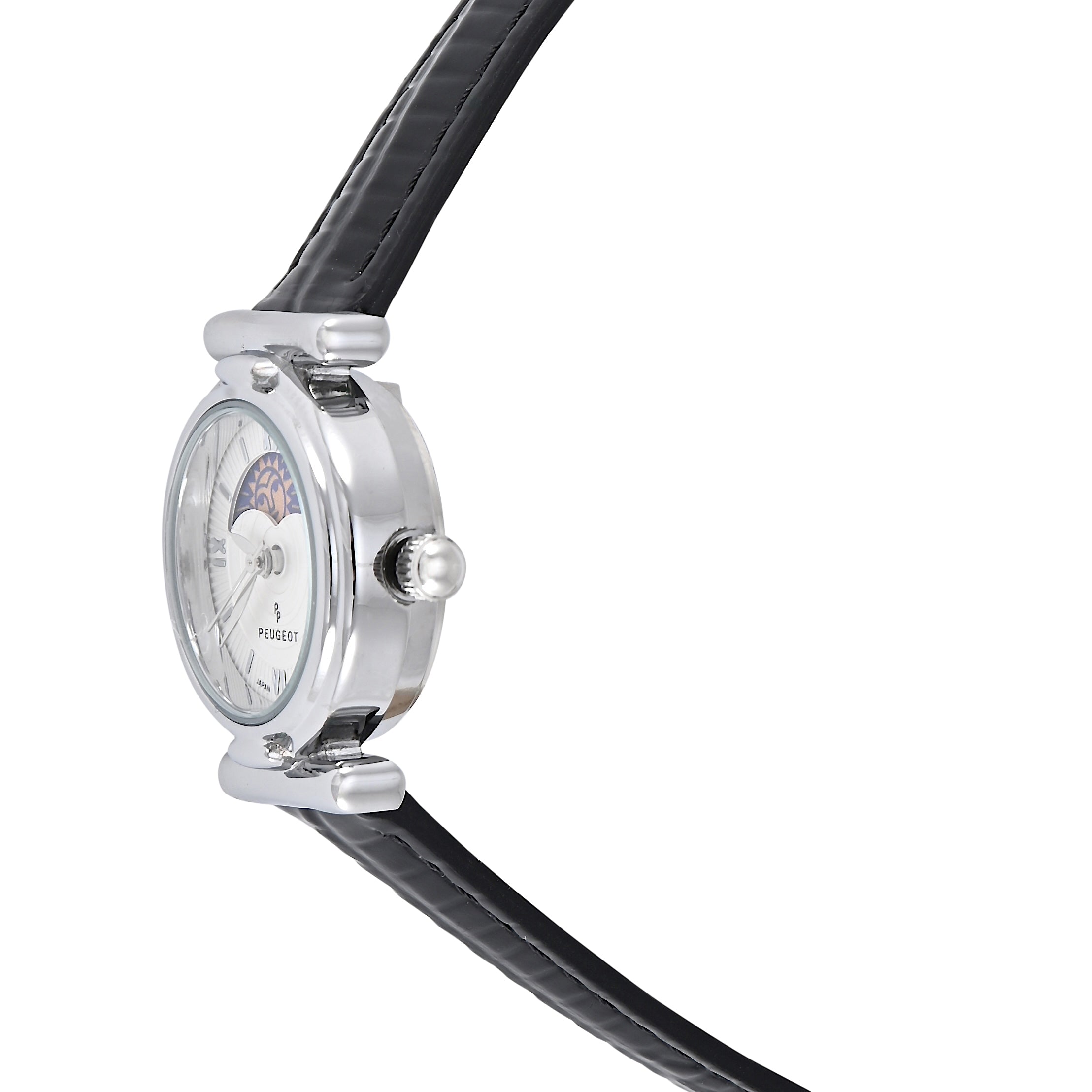 Women's Silver Petite 25mm Sun-Moon Watch with Black Glossy Leather Strap