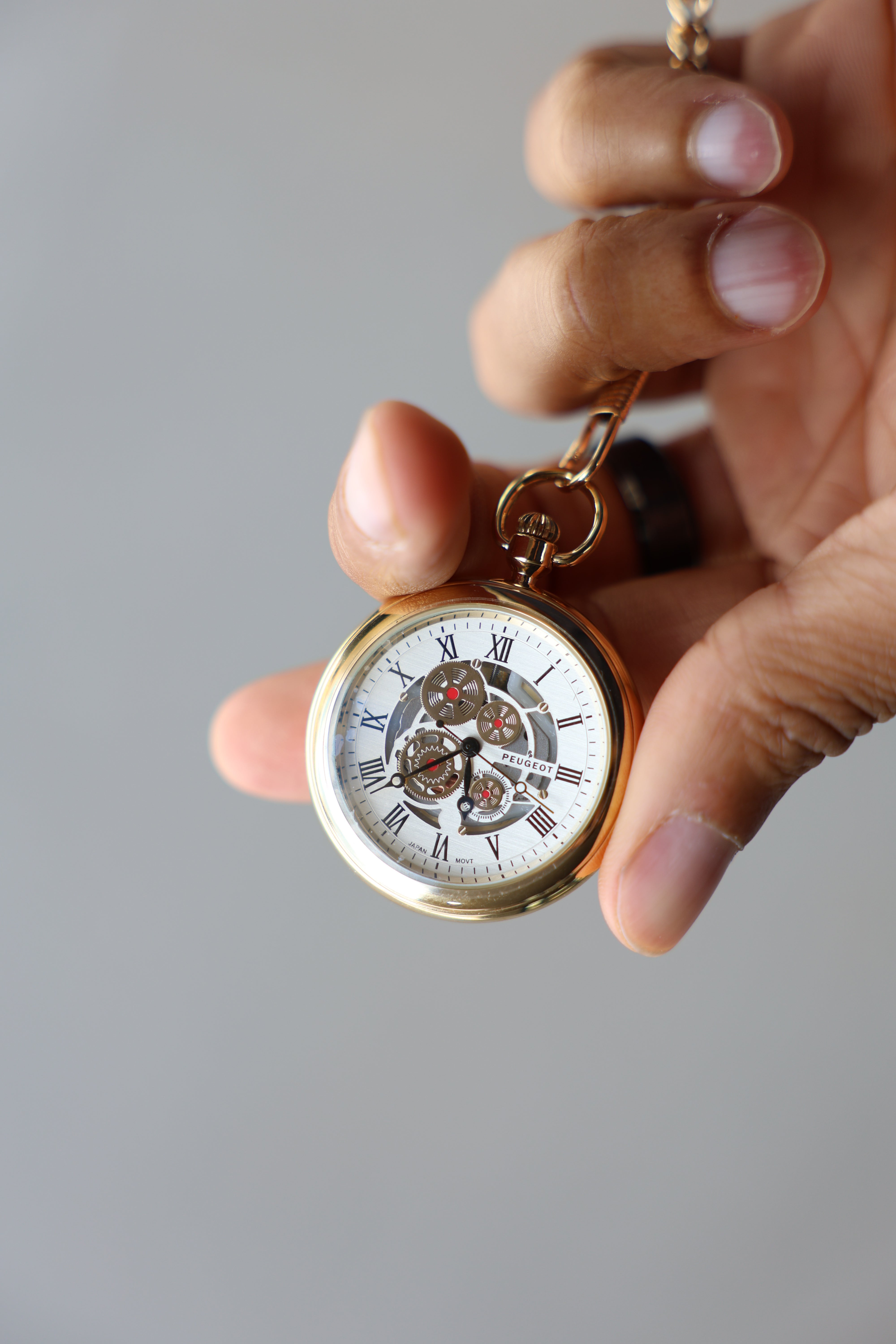 Peugeot Men's 14K Gold Plated Deco Skeleton Dial Vintage Pocket Watch with Clip-On Chain
