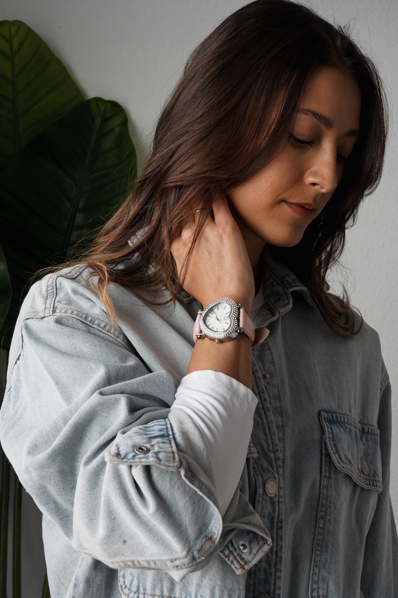 Women's 38mm Pink Crystal Heart Watch with Leather Strap
