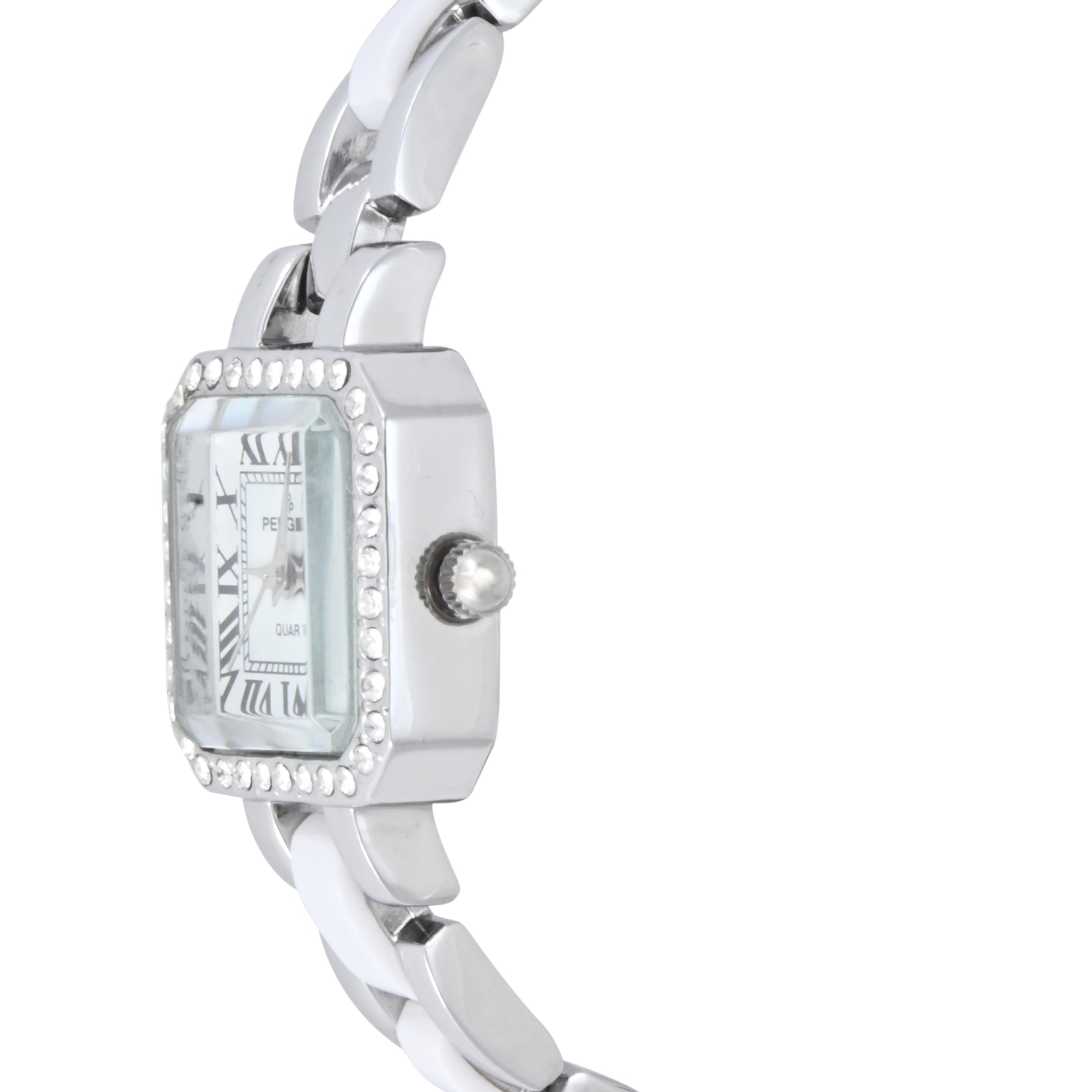 Womens Crystal Accented Square Silver-Tone Acrylic Link Watch