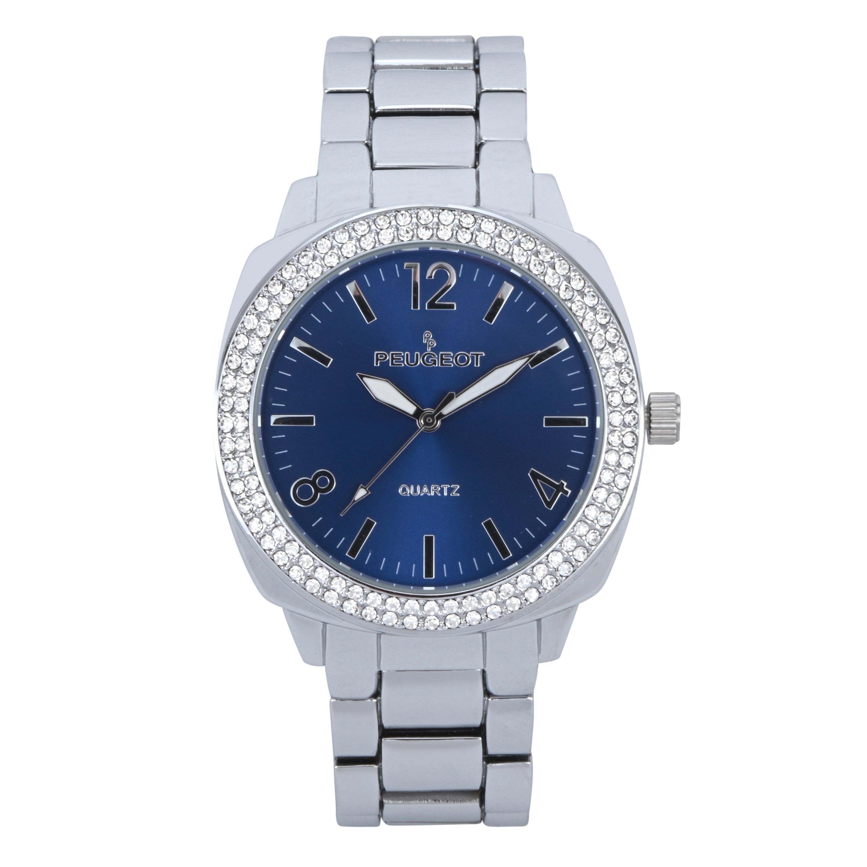 Women's 40mm Silver Boyfriend Bracelet Watch with Blue Dial & Crystal Bezel