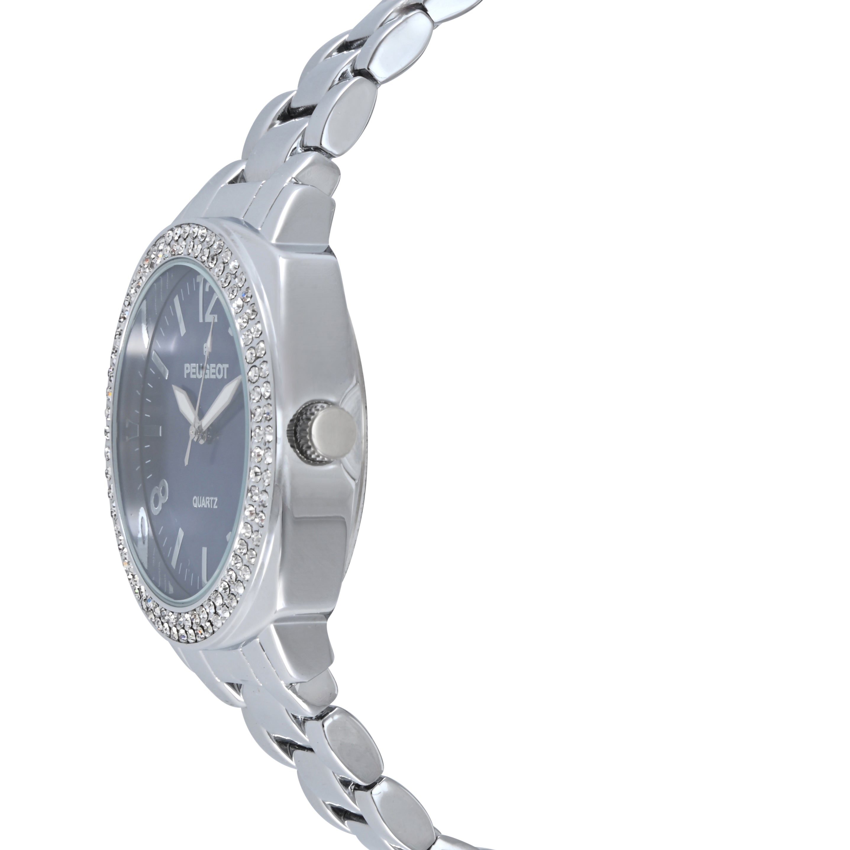 Women's 40mm Silver Boyfriend Bracelet Watch with Blue Dial & Crystal Bezel