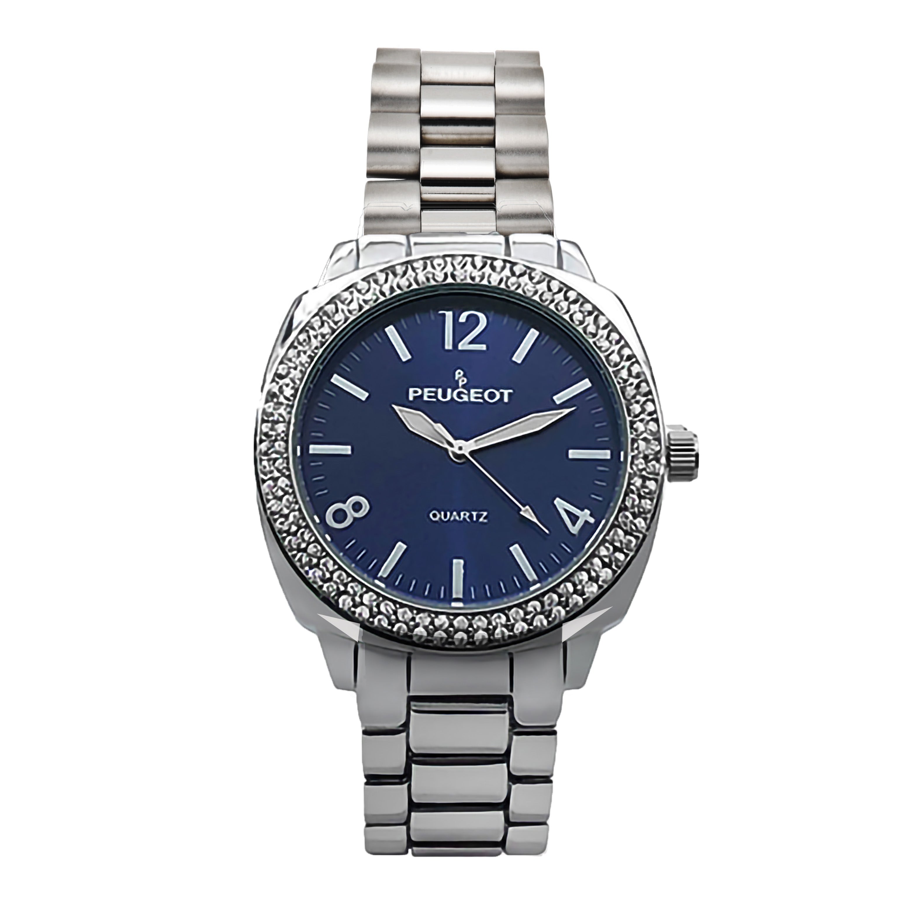 Women's 40mm Silver Boyfriend Bracelet Watch with Blue Dial & Crystal Bezel
