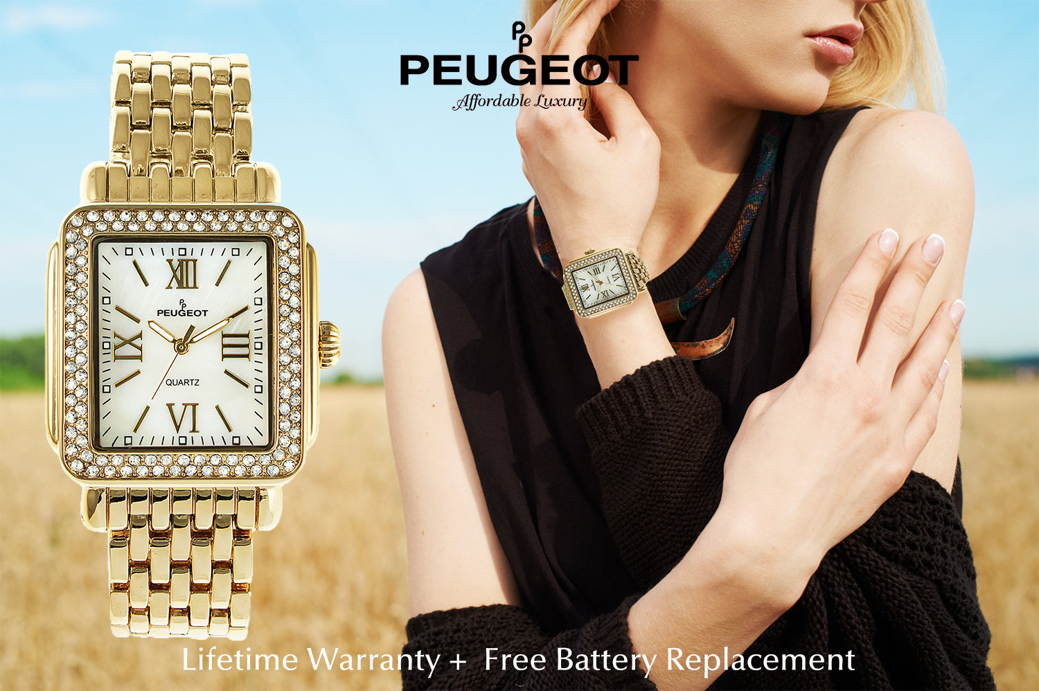 Peugeot Women's Gold Tone Crystal Bezel Watch