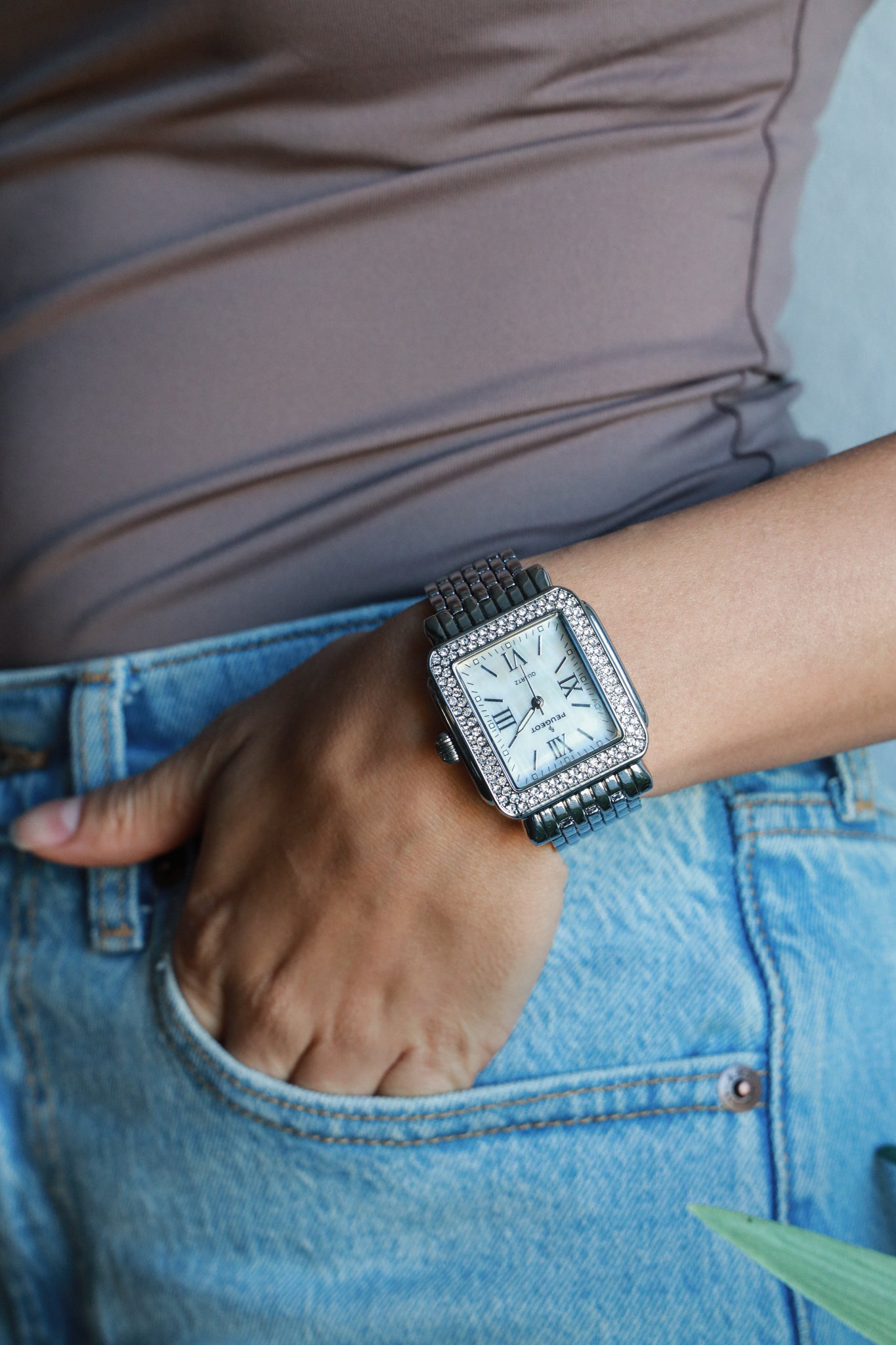 Women's 36X30mm Silver Tank Bracelet Watch Panther Link Bracelet