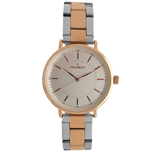 Women 30mm round face watch with gold trim and a two-tone bracelet