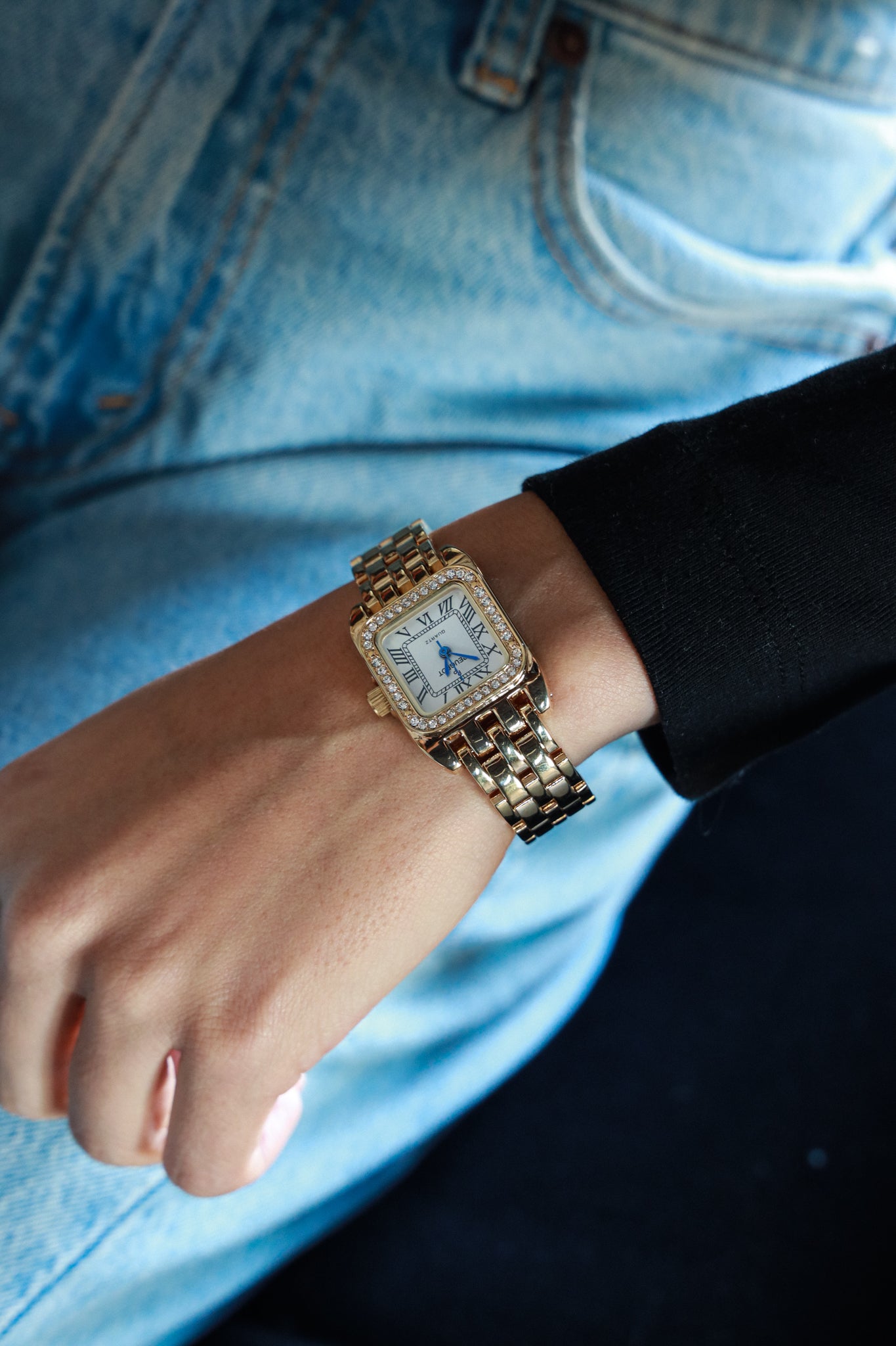 Women's 24mm Gold Tank Panther Link Bracelet Watch